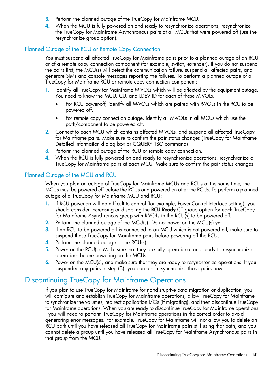 Planned outage of the mcu and rcu, Discontinuing truecopy for mainframe operations | HP StorageWorks XP Remote Web Console Software User Manual | Page 141 / 263