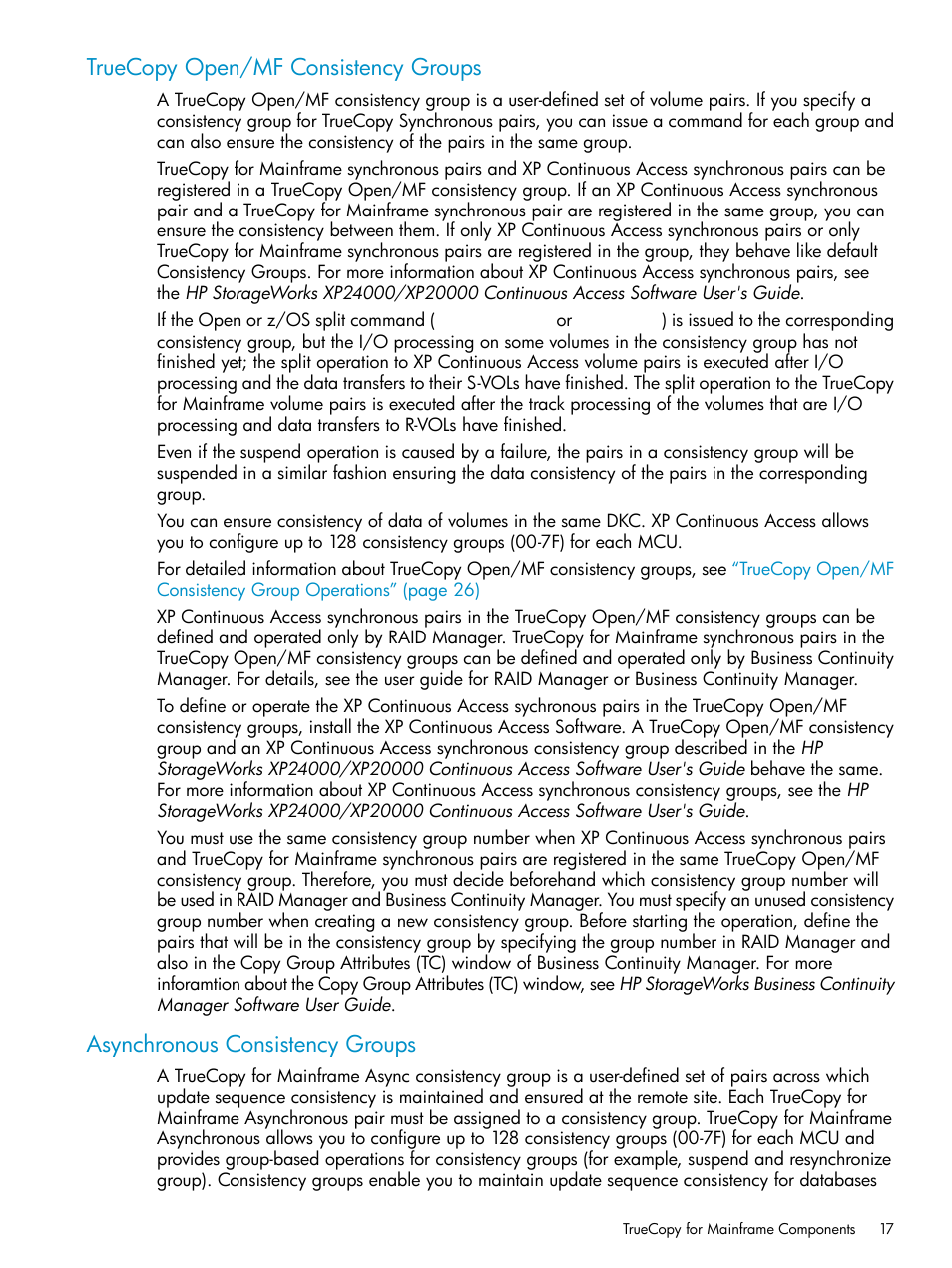 Truecopy open/mf consistency groups, Asynchronous consistency groups | HP StorageWorks XP Remote Web Console Software User Manual | Page 17 / 263