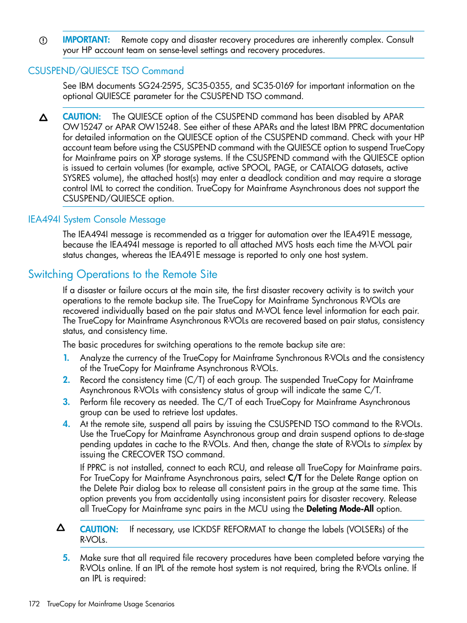 Csuspend/quiesce tso command, Iea494i system console message, Switching operations to the remote site | HP StorageWorks XP Remote Web Console Software User Manual | Page 172 / 263
