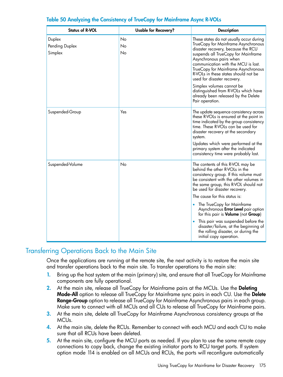 Transferring operations back to the main site | HP StorageWorks XP Remote Web Console Software User Manual | Page 175 / 263