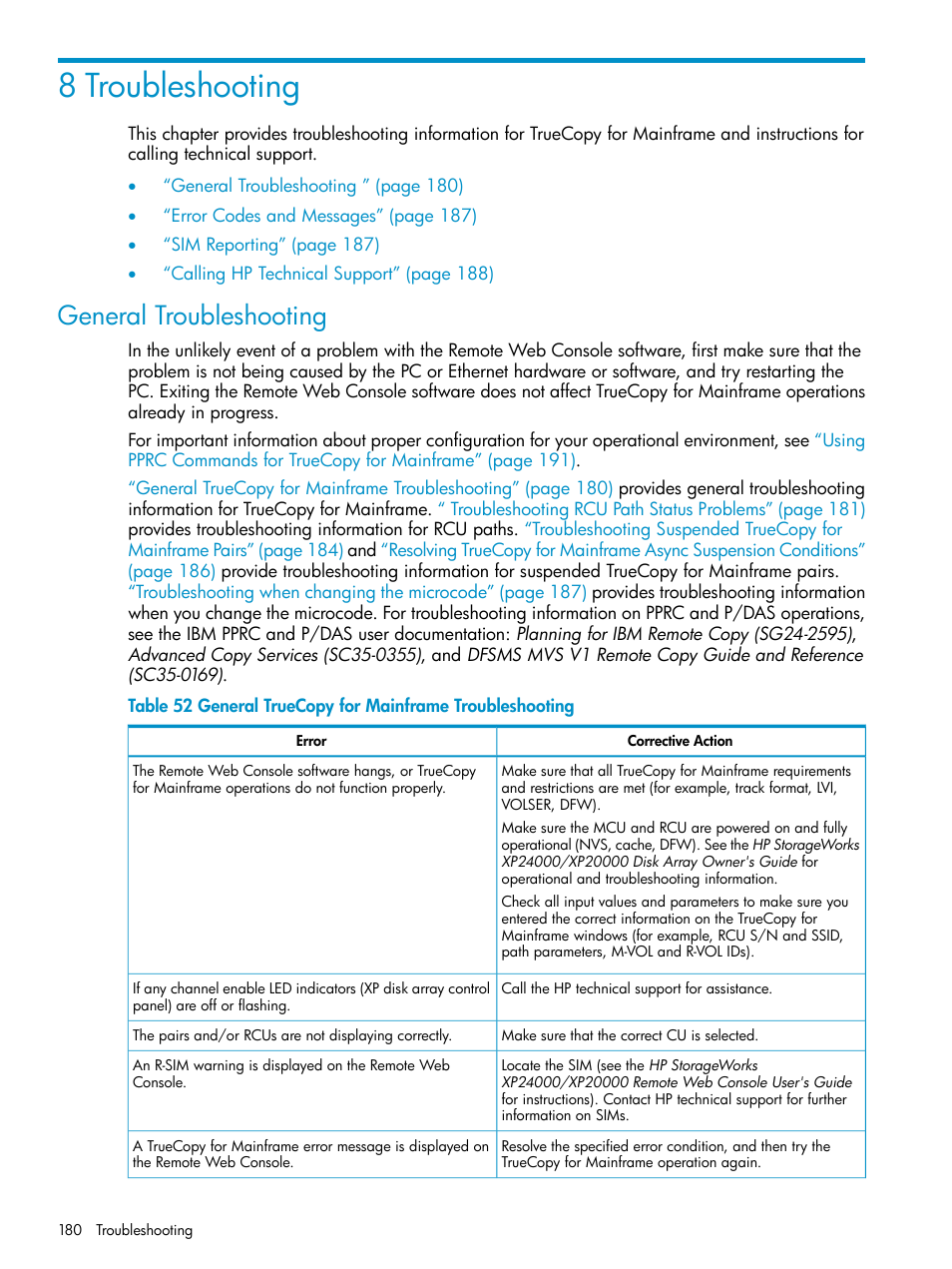 8 troubleshooting, General troubleshooting | HP StorageWorks XP Remote Web Console Software User Manual | Page 180 / 263