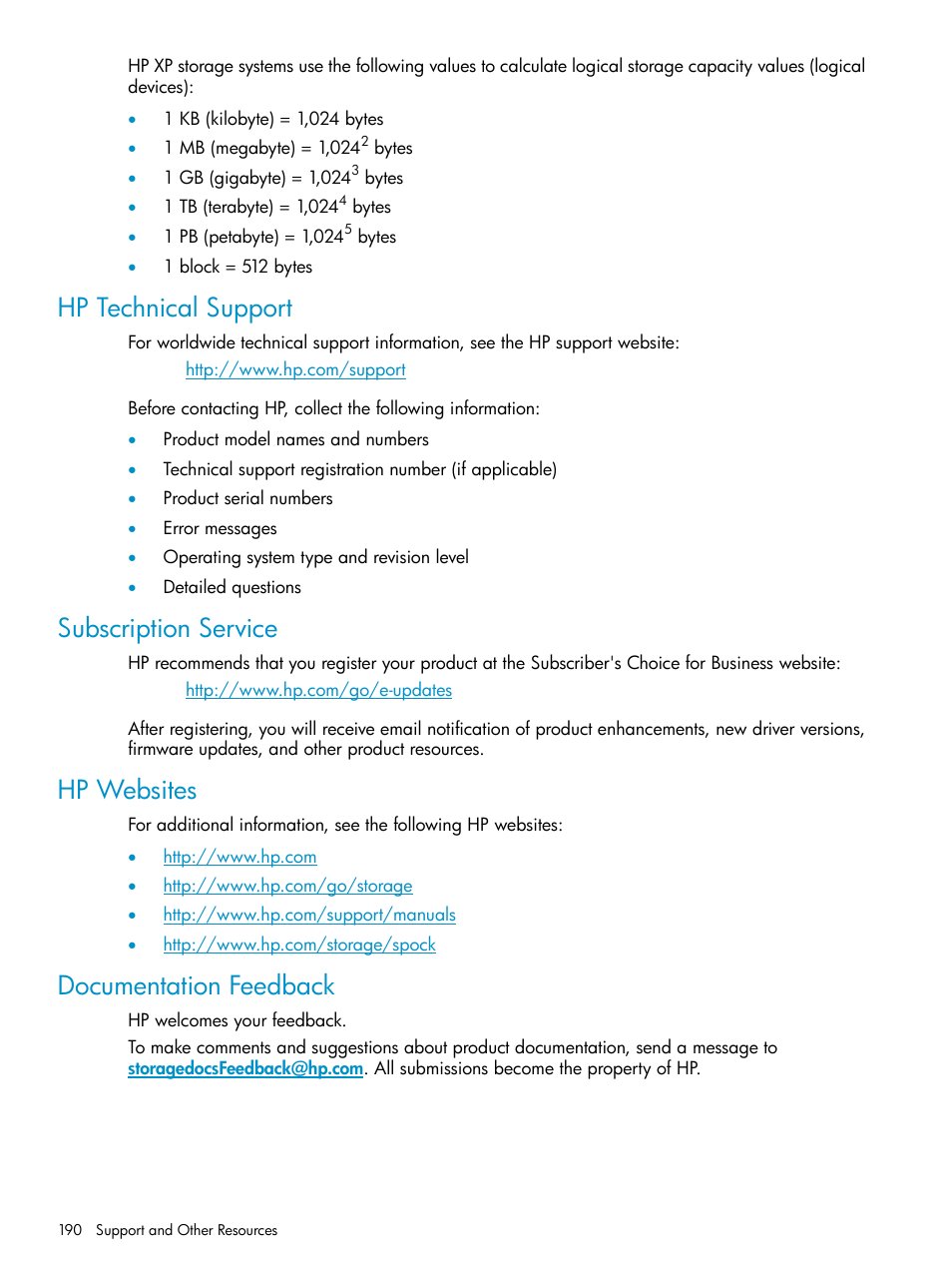 Hp technical support, Subscription service, Hp websites | Documentation feedback | HP StorageWorks XP Remote Web Console Software User Manual | Page 190 / 263