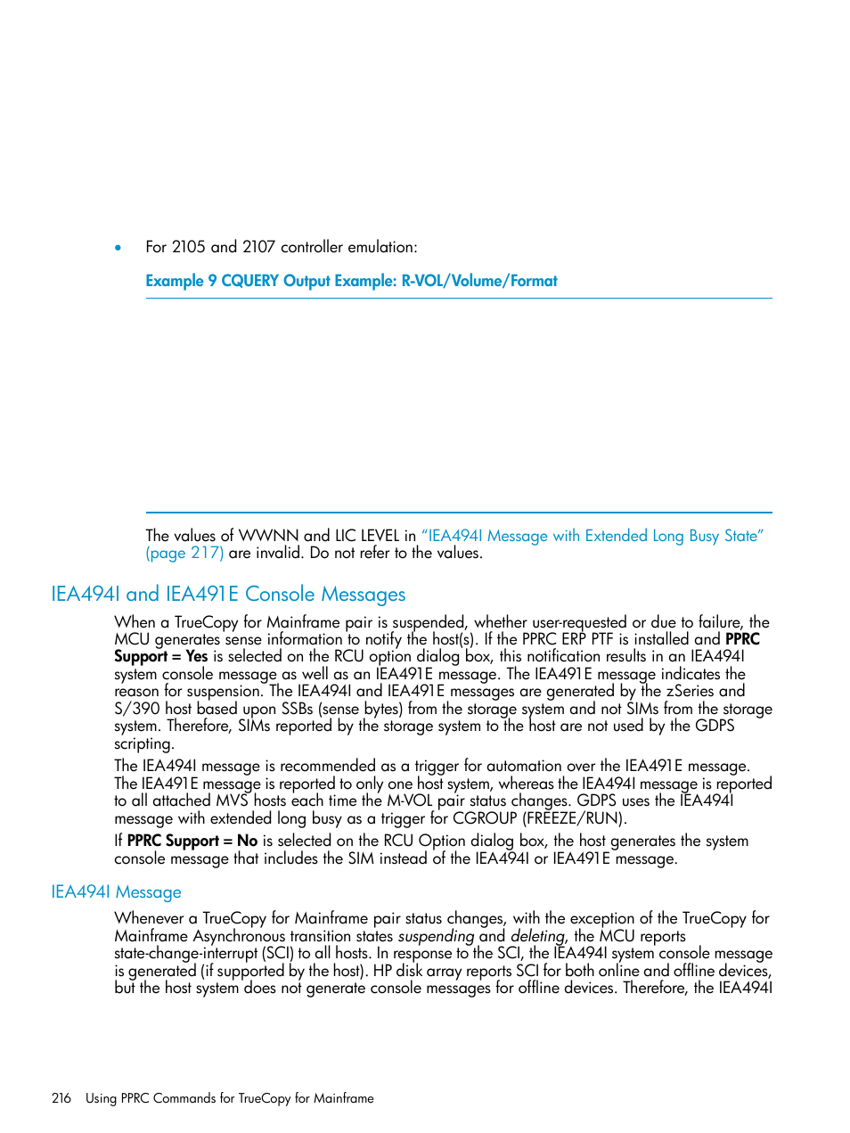 Iea494i and iea491e console messages, Iea494i message, Cquery output example | HP StorageWorks XP Remote Web Console Software User Manual | Page 216 / 263