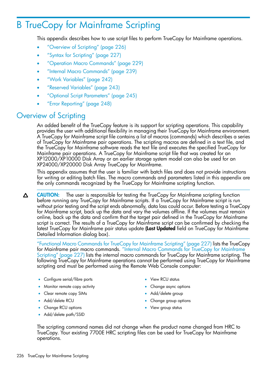 B truecopy for mainframe scripting, Overview of scripting | HP StorageWorks XP Remote Web Console Software User Manual | Page 226 / 263