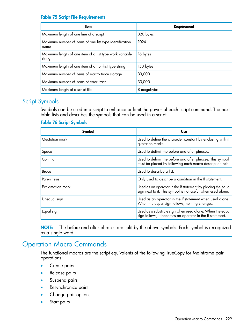 Script symbols, Operation macro commands | HP StorageWorks XP Remote Web Console Software User Manual | Page 229 / 263