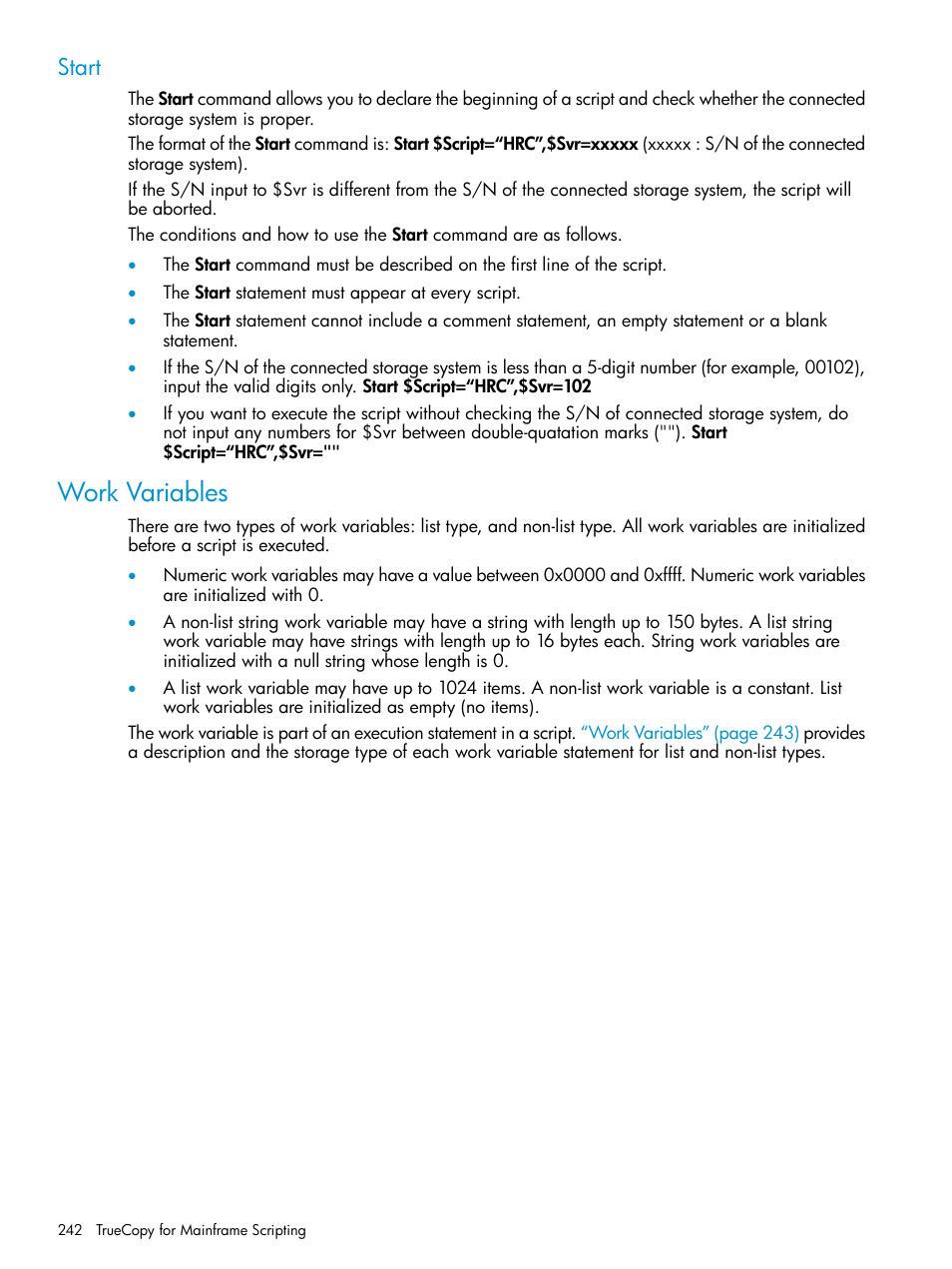 Start, Work variables | HP StorageWorks XP Remote Web Console Software User Manual | Page 242 / 263