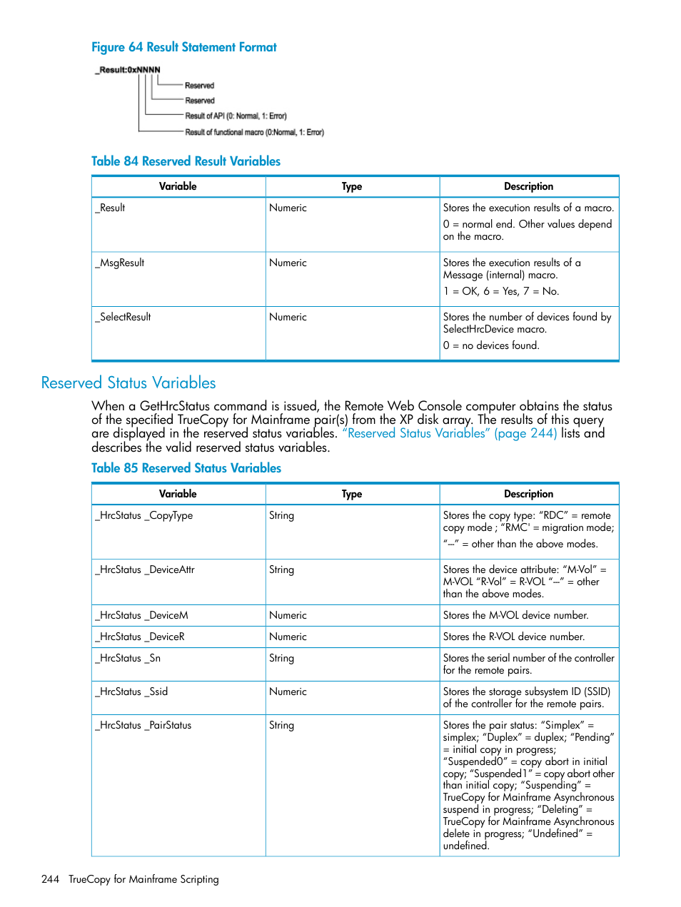 Reserved status variables | HP StorageWorks XP Remote Web Console Software User Manual | Page 244 / 263