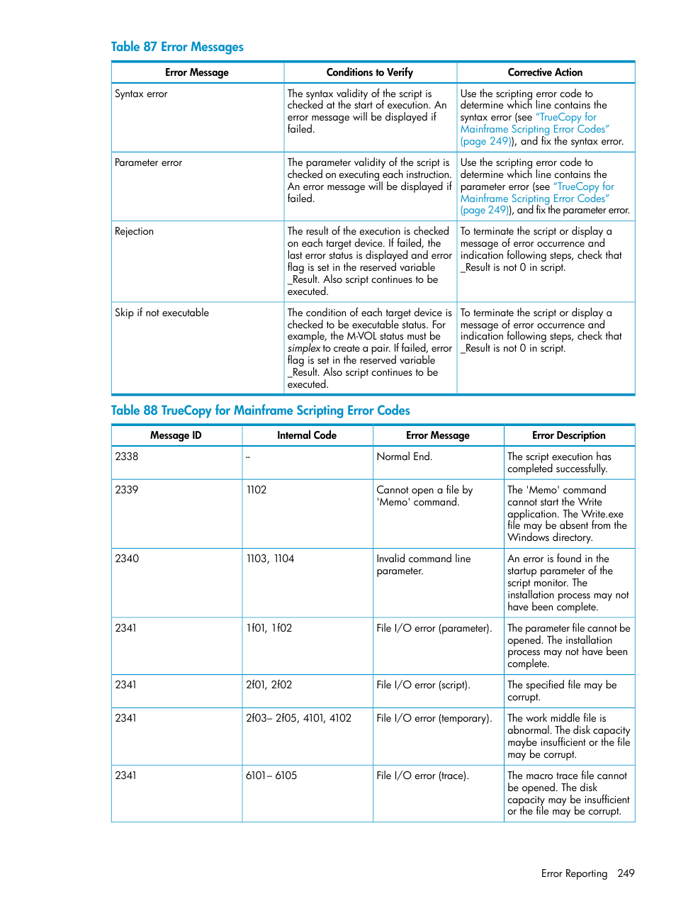 Truecopy for mainframe scripting error codes | HP StorageWorks XP Remote Web Console Software User Manual | Page 249 / 263