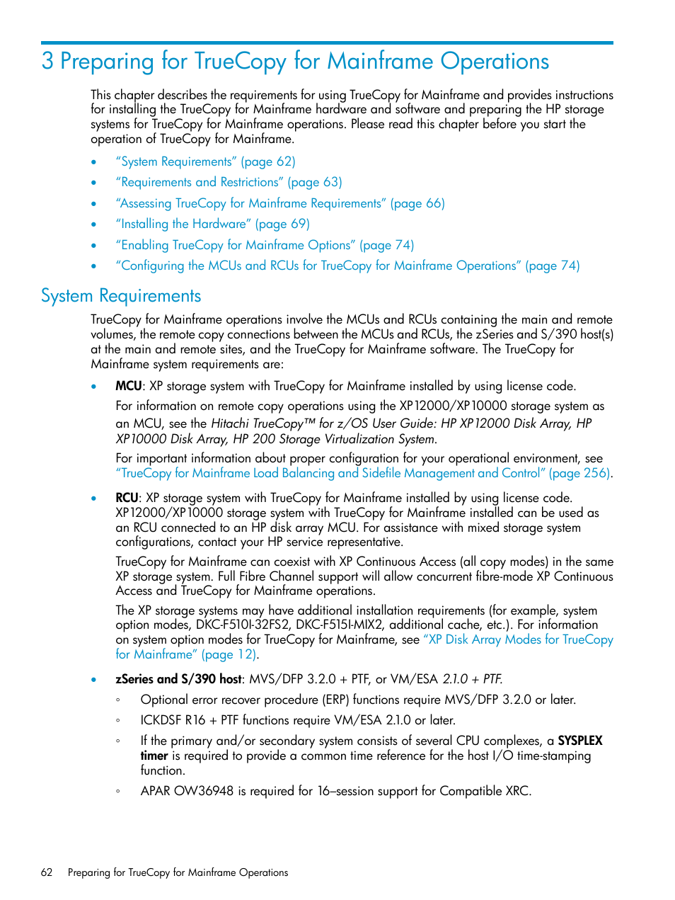 3 preparing for truecopy for mainframe operations, System requirements | HP StorageWorks XP Remote Web Console Software User Manual | Page 62 / 263