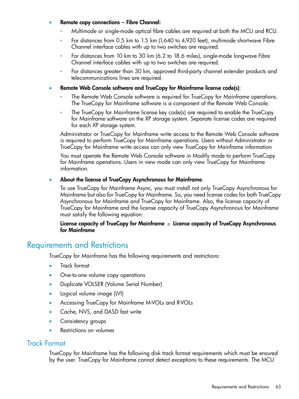 Requirements and restrictions, Track format | HP StorageWorks XP Remote Web Console Software User Manual | Page 63 / 263