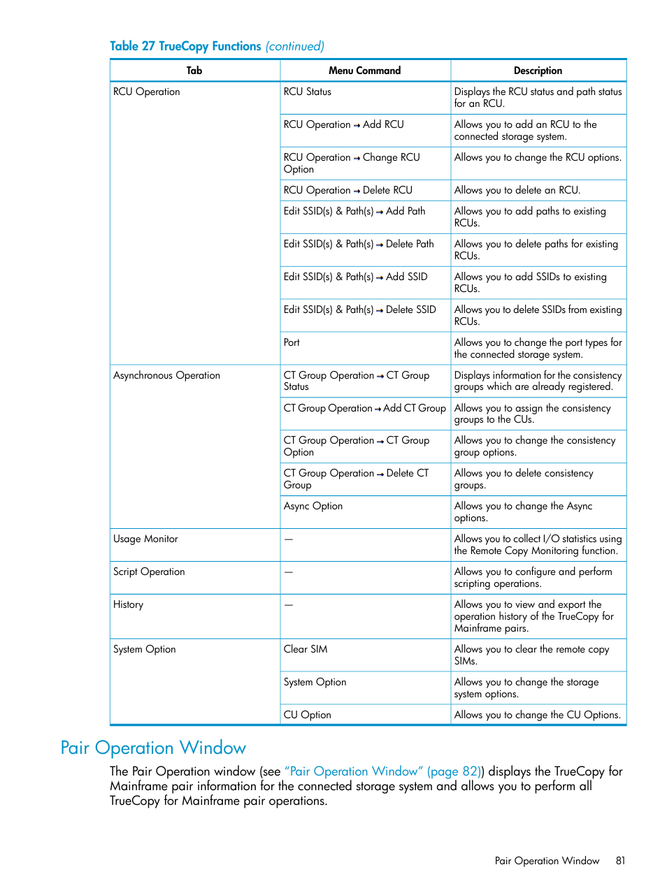 Pair operation window | HP StorageWorks XP Remote Web Console Software User Manual | Page 81 / 263