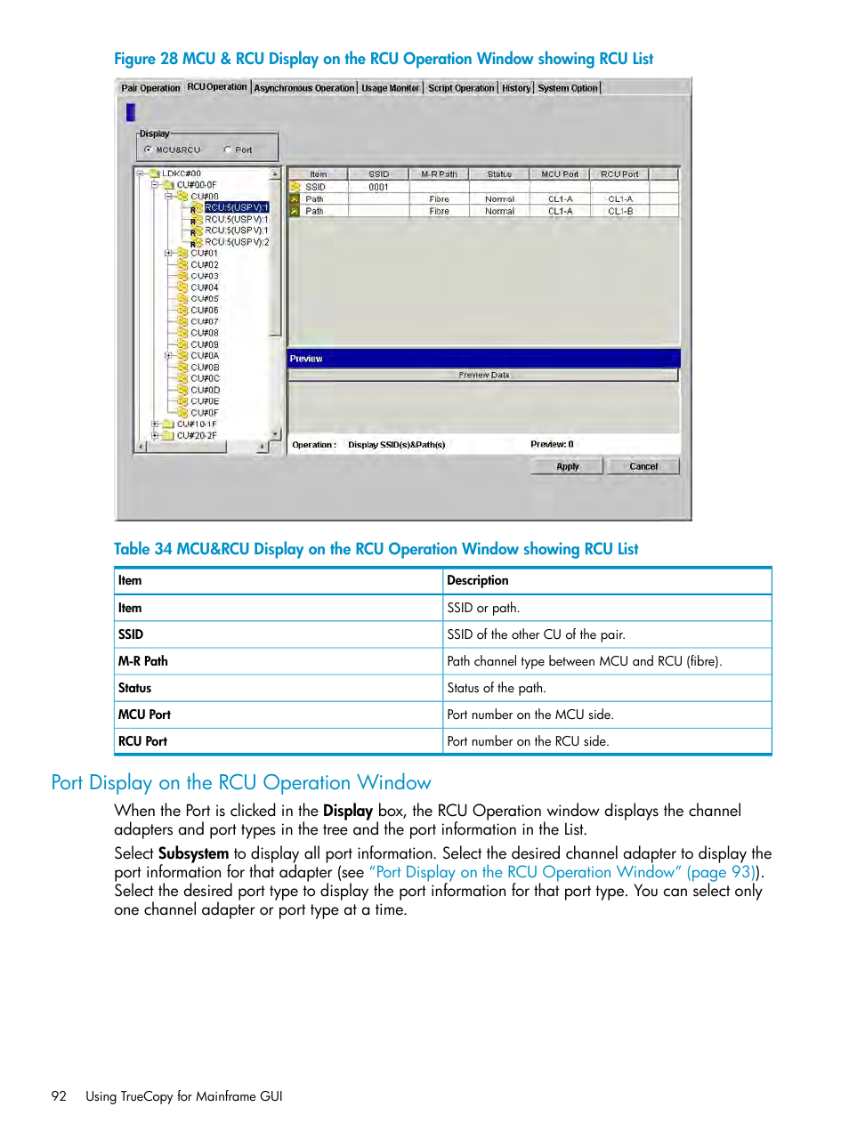 Port display on the rcu operation window, Mcu & rcu display | HP StorageWorks XP Remote Web Console Software User Manual | Page 92 / 263