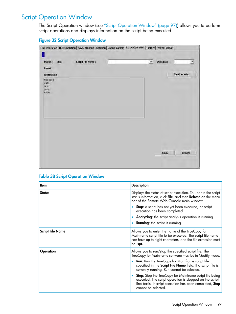 Script operation window | HP StorageWorks XP Remote Web Console Software User Manual | Page 97 / 263