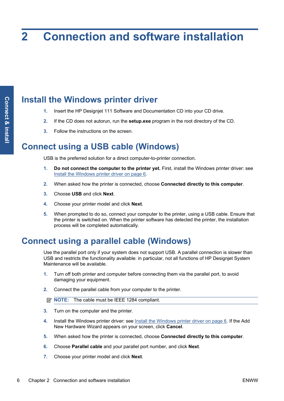 Connection and software installation, Install the windows printer driver, Connect using a usb cable (windows) | Connect using a parallel cable (windows), 2 connection and software installation, 2connection and software installation | HP Designjet 111 Printer series User Manual | Page 12 / 53