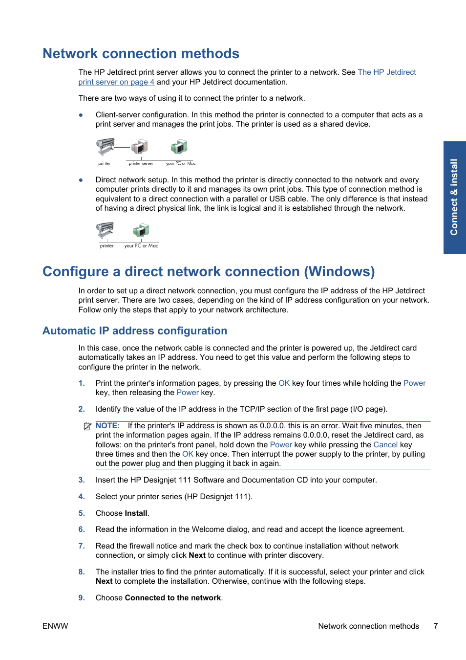 Network connection methods, Configure a direct network connection (windows), Automatic ip address configuration | HP Designjet 111 Printer series User Manual | Page 13 / 53