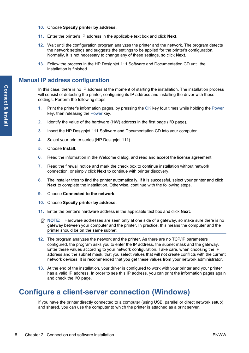 Manual ip address configuration, Configure a client-server connection (windows) | HP Designjet 111 Printer series User Manual | Page 14 / 53