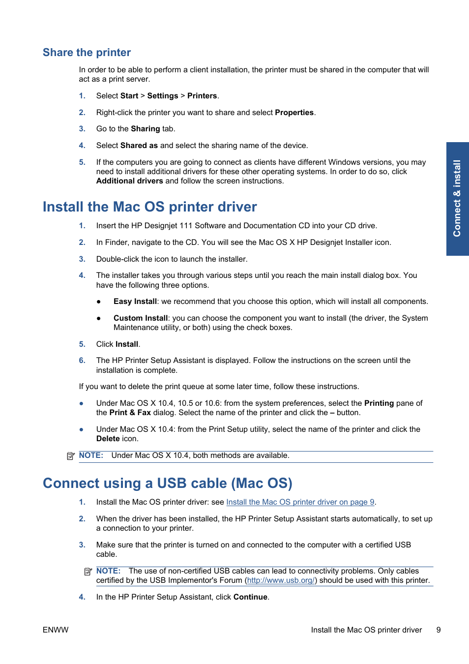 Share the printer, Install the mac os printer driver, Connect using a usb cable (mac os) | HP Designjet 111 Printer series User Manual | Page 15 / 53