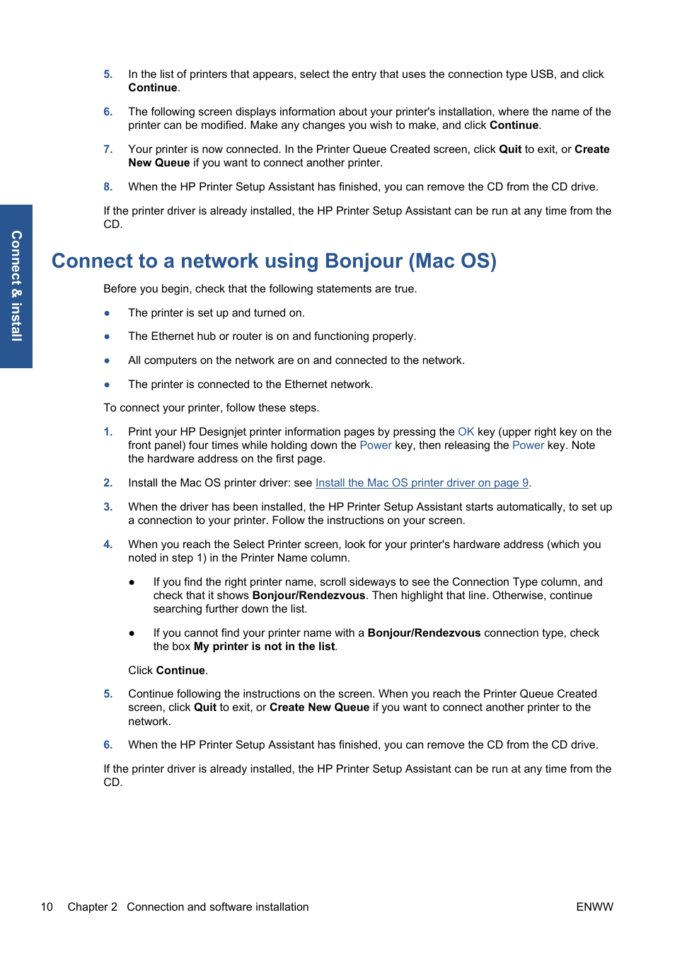 Connect to a network using bonjour (mac os) | HP Designjet 111 Printer series User Manual | Page 16 / 53