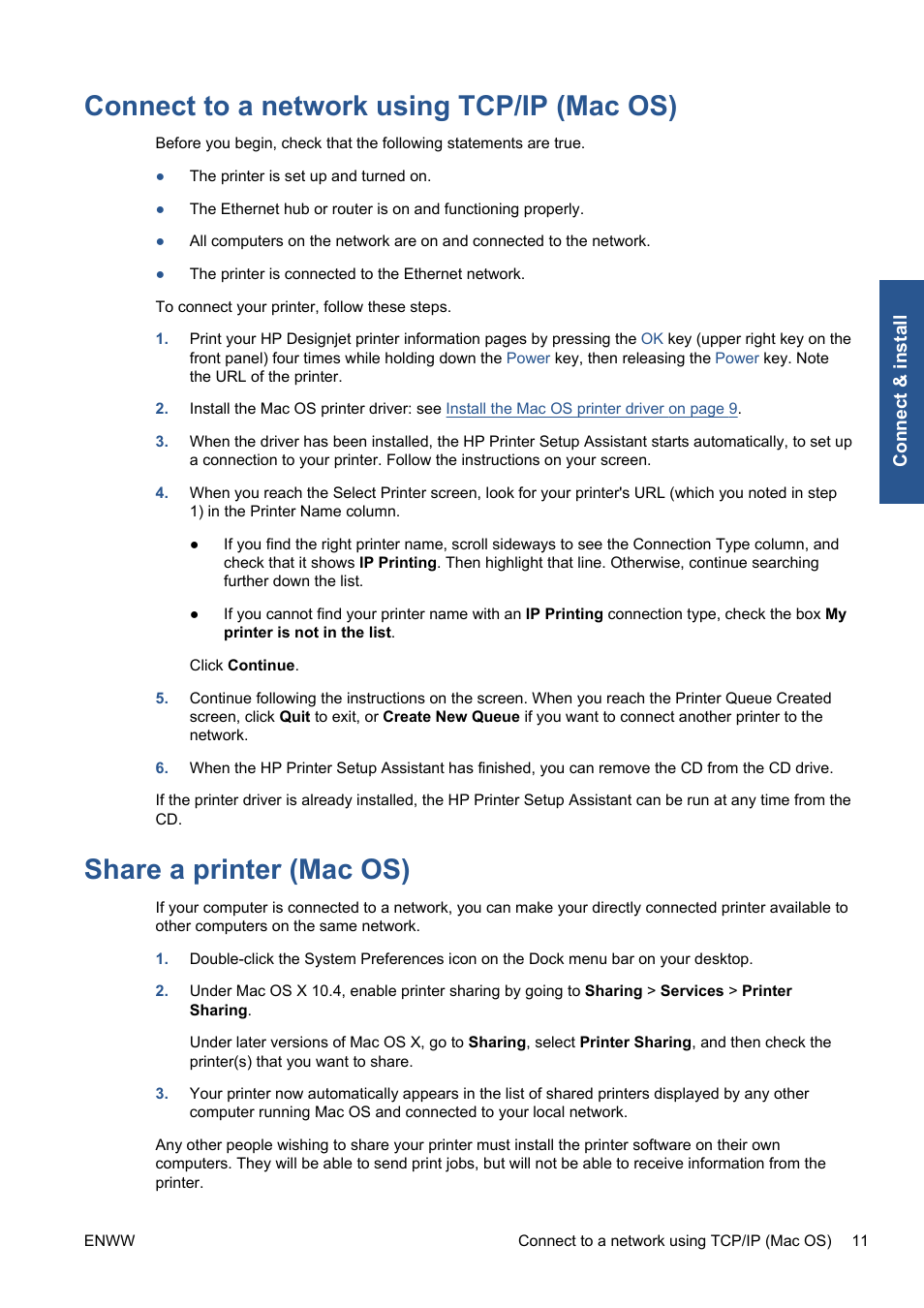 Connect to a network using tcp/ip (mac os), Share a printer (mac os) | HP Designjet 111 Printer series User Manual | Page 17 / 53