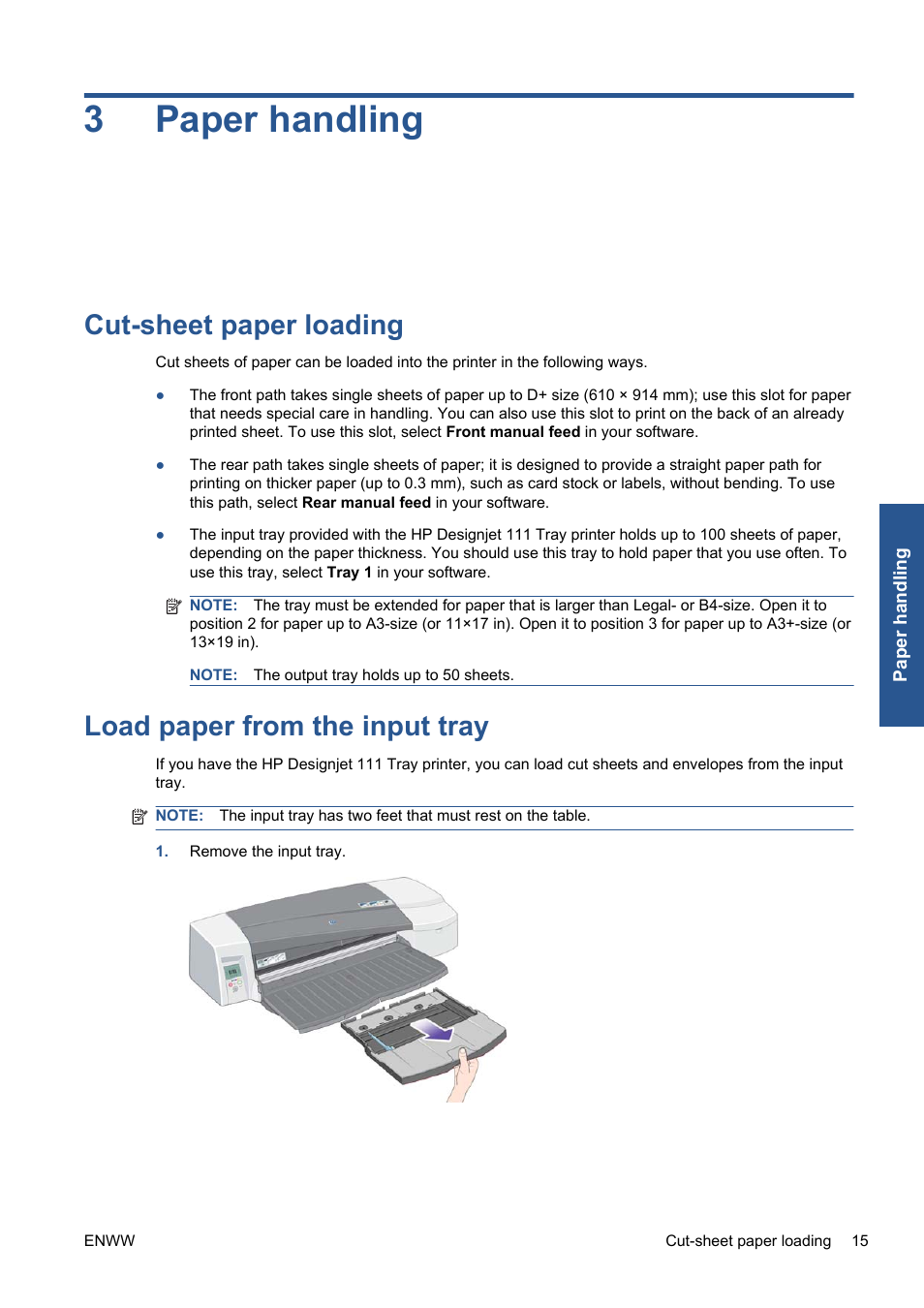 Paper handling, Cut-sheet paper loading, Load paper from the input tray | 3 paper handling, 3paper handling | HP Designjet 111 Printer series User Manual | Page 21 / 53