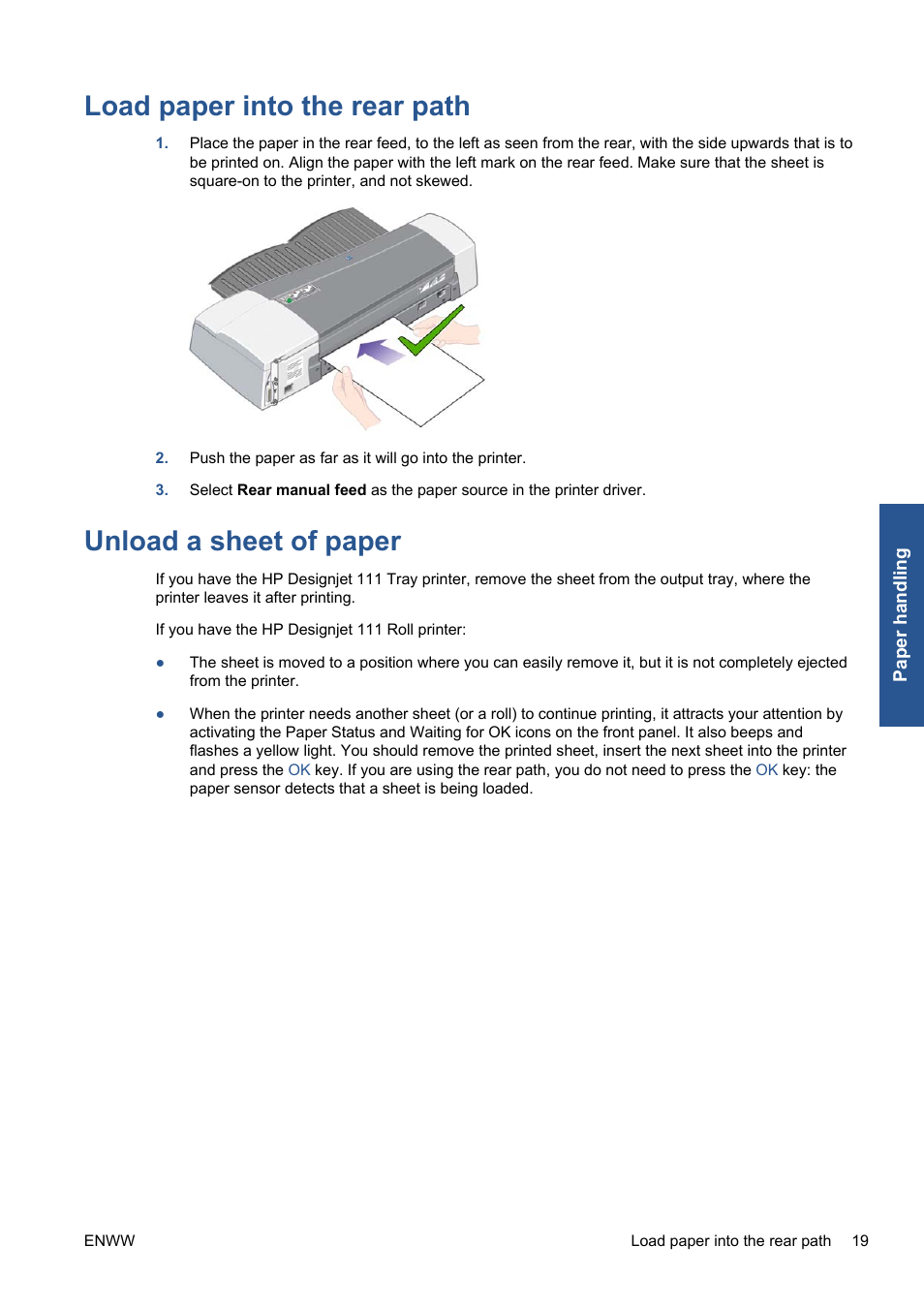 Load paper into the rear path, Unload a sheet of paper | HP Designjet 111 Printer series User Manual | Page 25 / 53