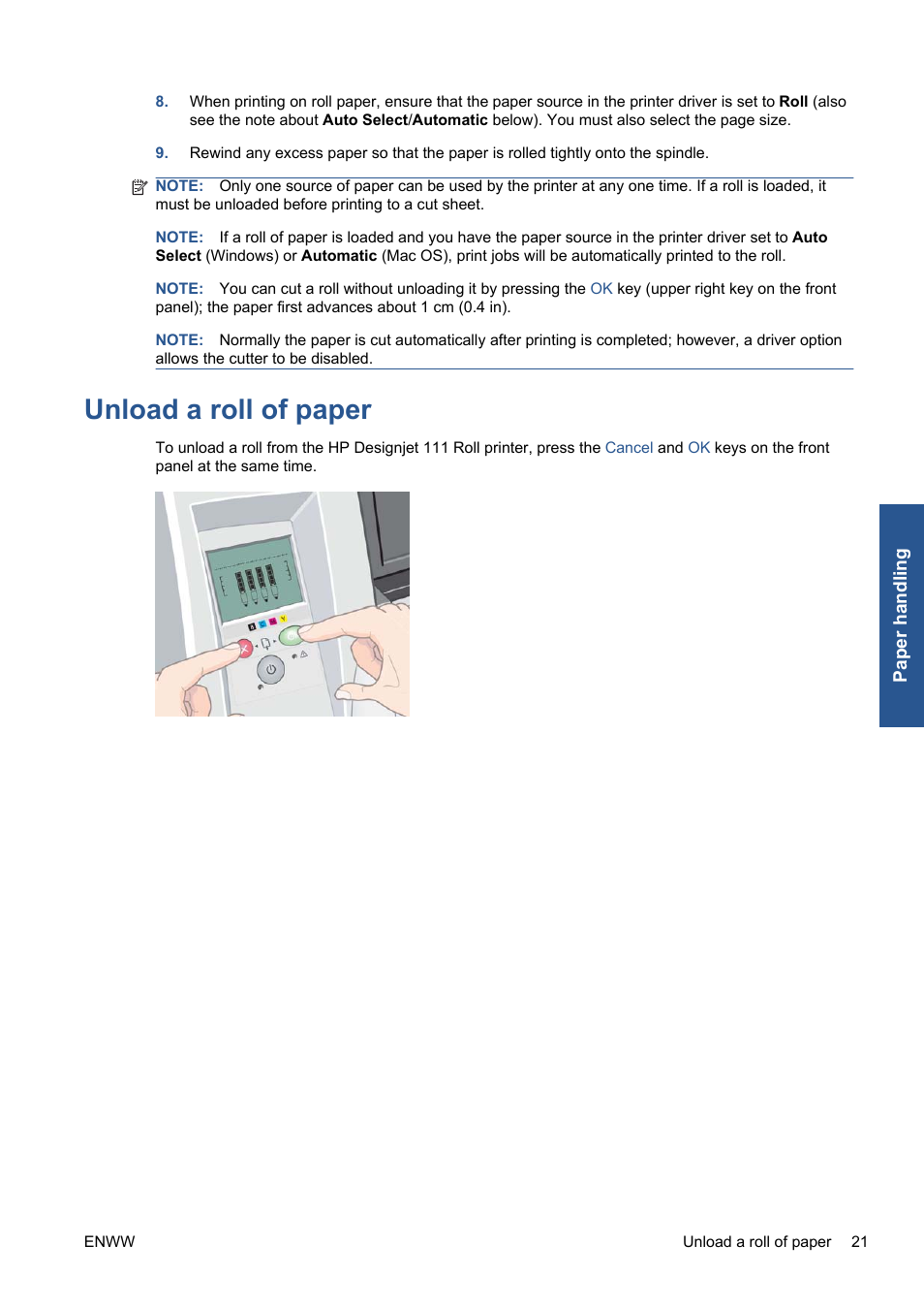 Unload a roll of paper | HP Designjet 111 Printer series User Manual | Page 27 / 53