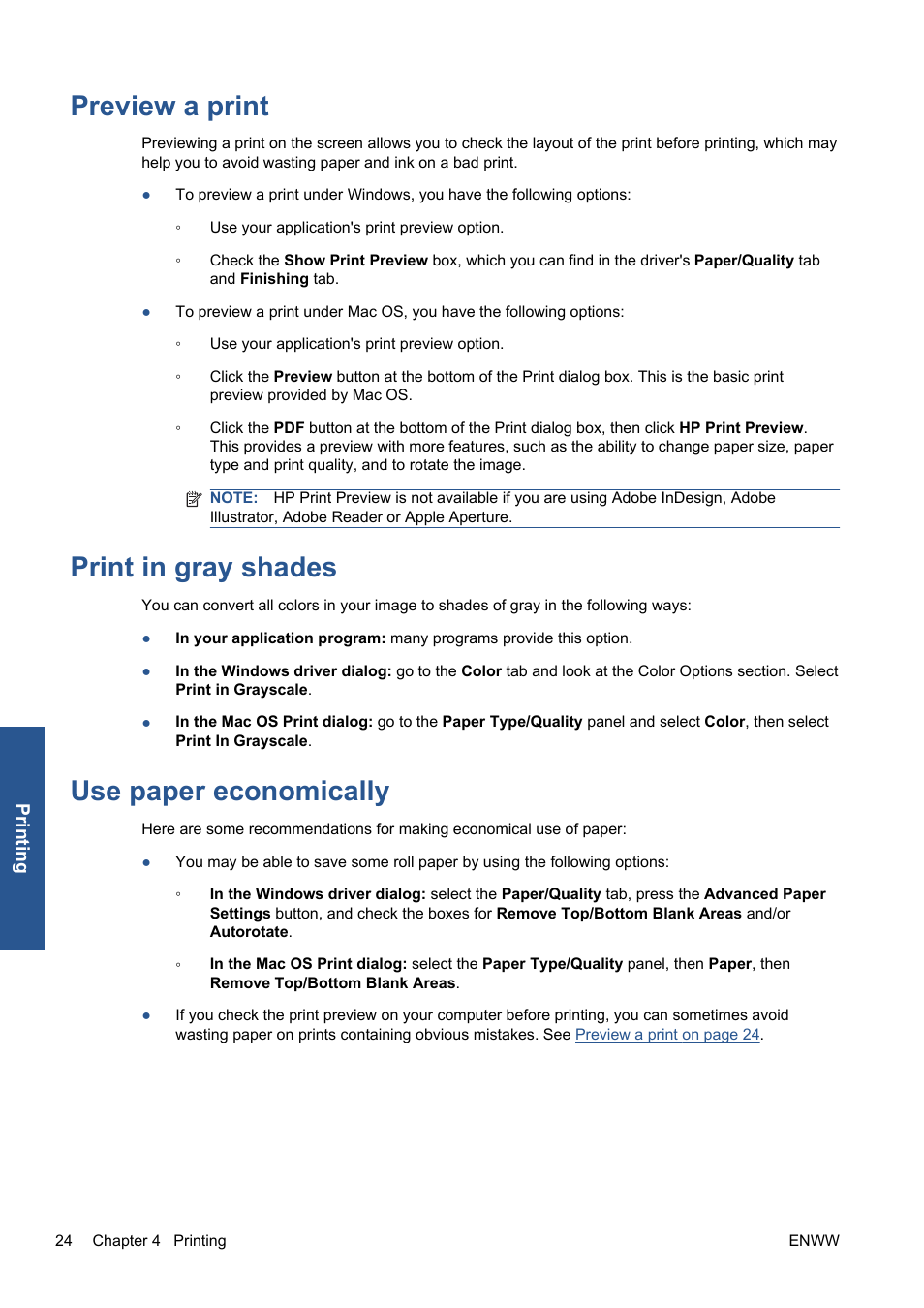 Preview a print, Print in gray shades, Use paper economically | HP Designjet 111 Printer series User Manual | Page 30 / 53