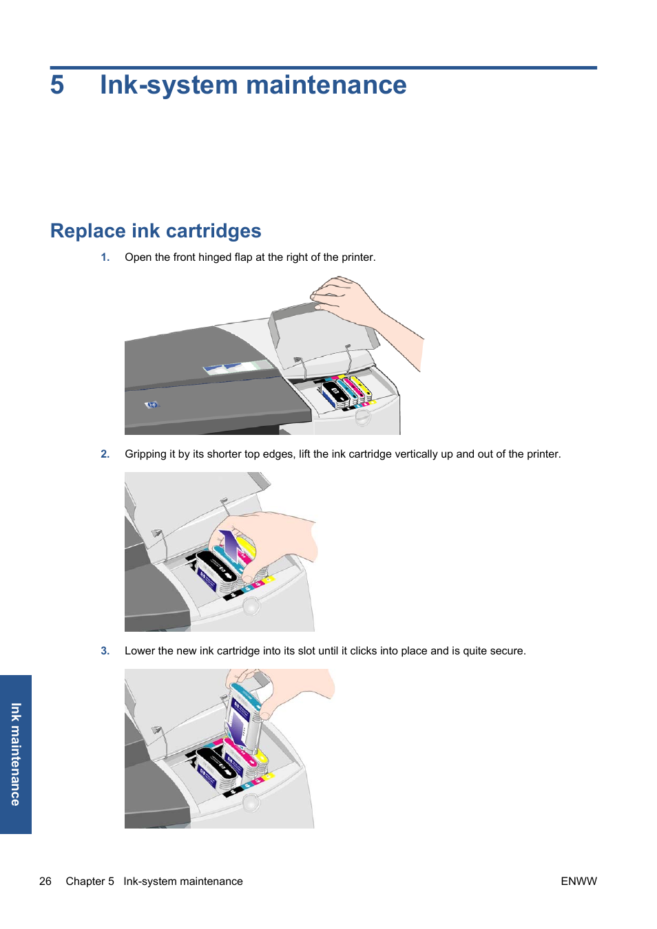 Ink-system maintenance, Replace ink cartridges, 5 ink-system maintenance | 5ink-system maintenance | HP Designjet 111 Printer series User Manual | Page 32 / 53