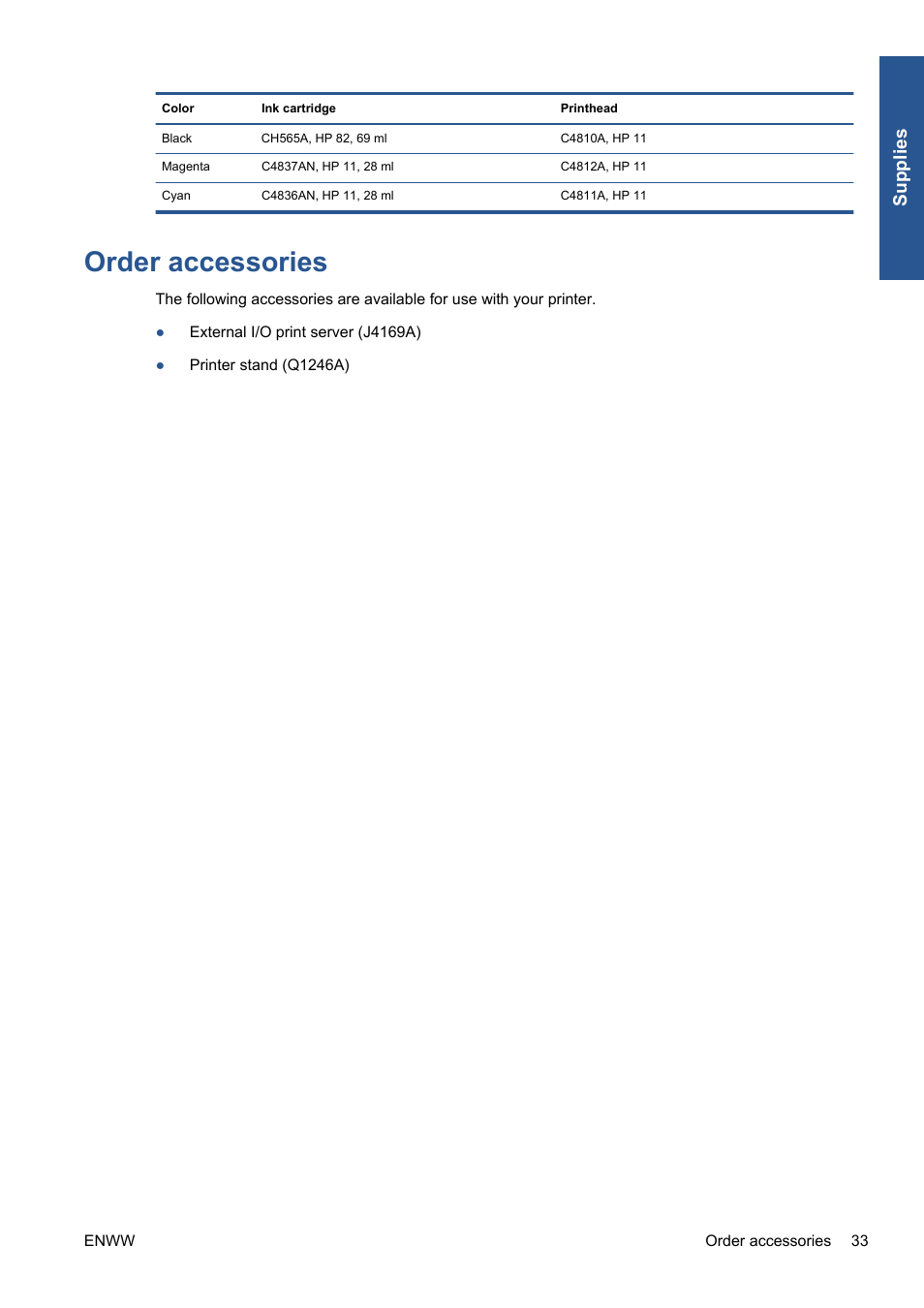Order accessories, Supplies | HP Designjet 111 Printer series User Manual | Page 39 / 53