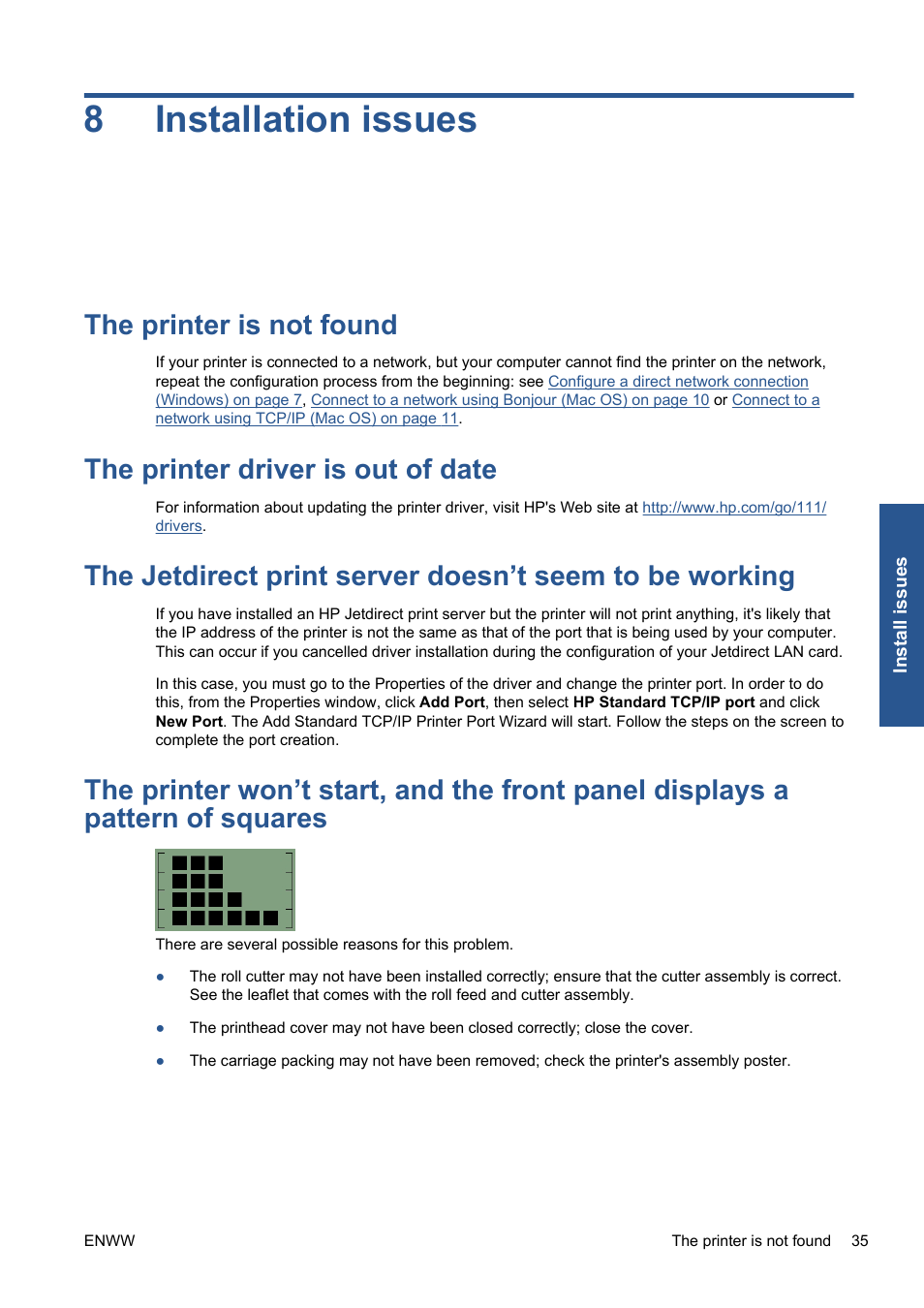 Installation issues, The printer is not found, The printer driver is out of date | 8 installation issues, 8installation issues | HP Designjet 111 Printer series User Manual | Page 41 / 53