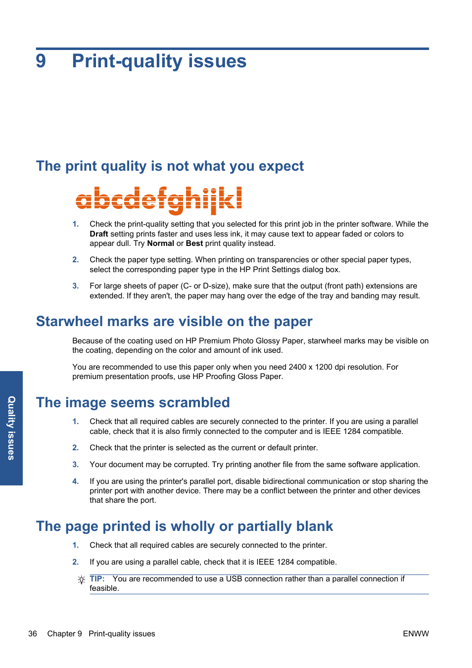 Print-quality issues, The print quality is not what you expect, Starwheel marks are visible on the paper | The image seems scrambled, 9 print-quality issues, 9print-quality issues, The page printed is wholly or partially blank | HP Designjet 111 Printer series User Manual | Page 42 / 53