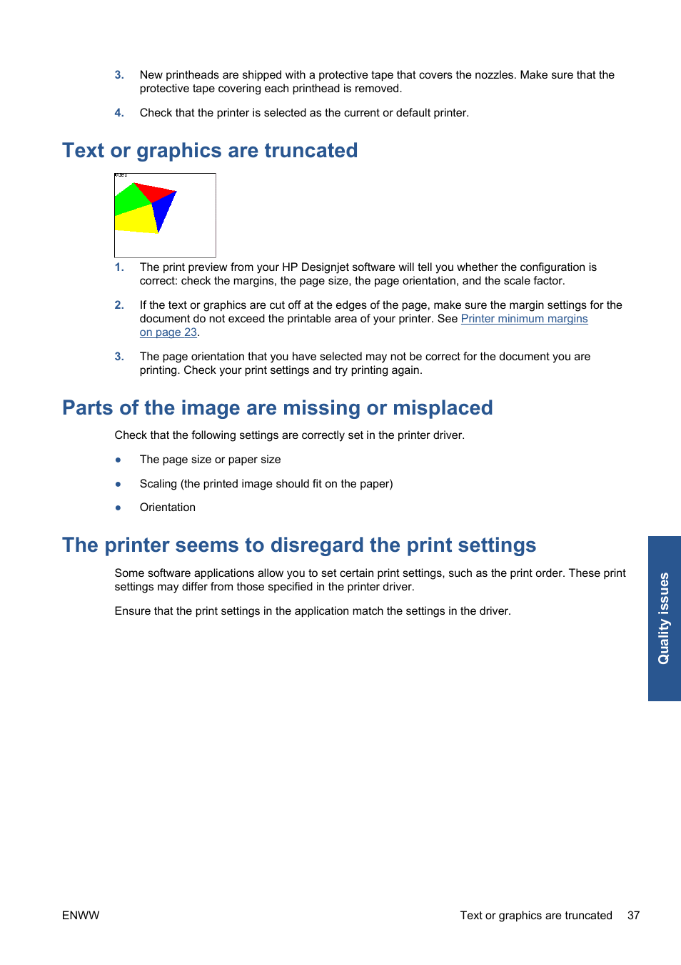 Text or graphics are truncated, Parts of the image are missing or misplaced, The printer seems to disregard the print settings | HP Designjet 111 Printer series User Manual | Page 43 / 53