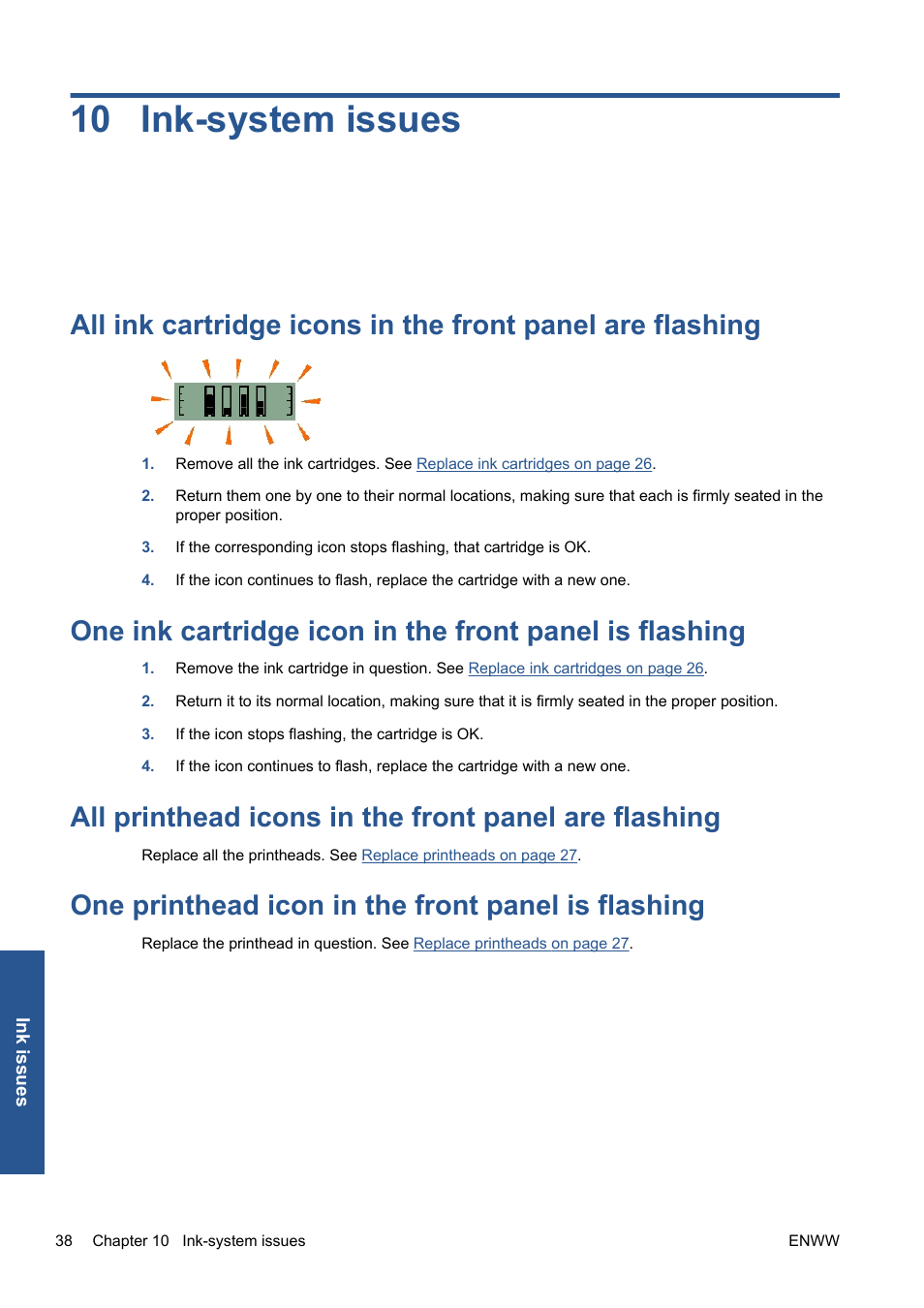 Ink-system issues, One printhead icon in the front panel is flashing, 10 ink-system issues | HP Designjet 111 Printer series User Manual | Page 44 / 53
