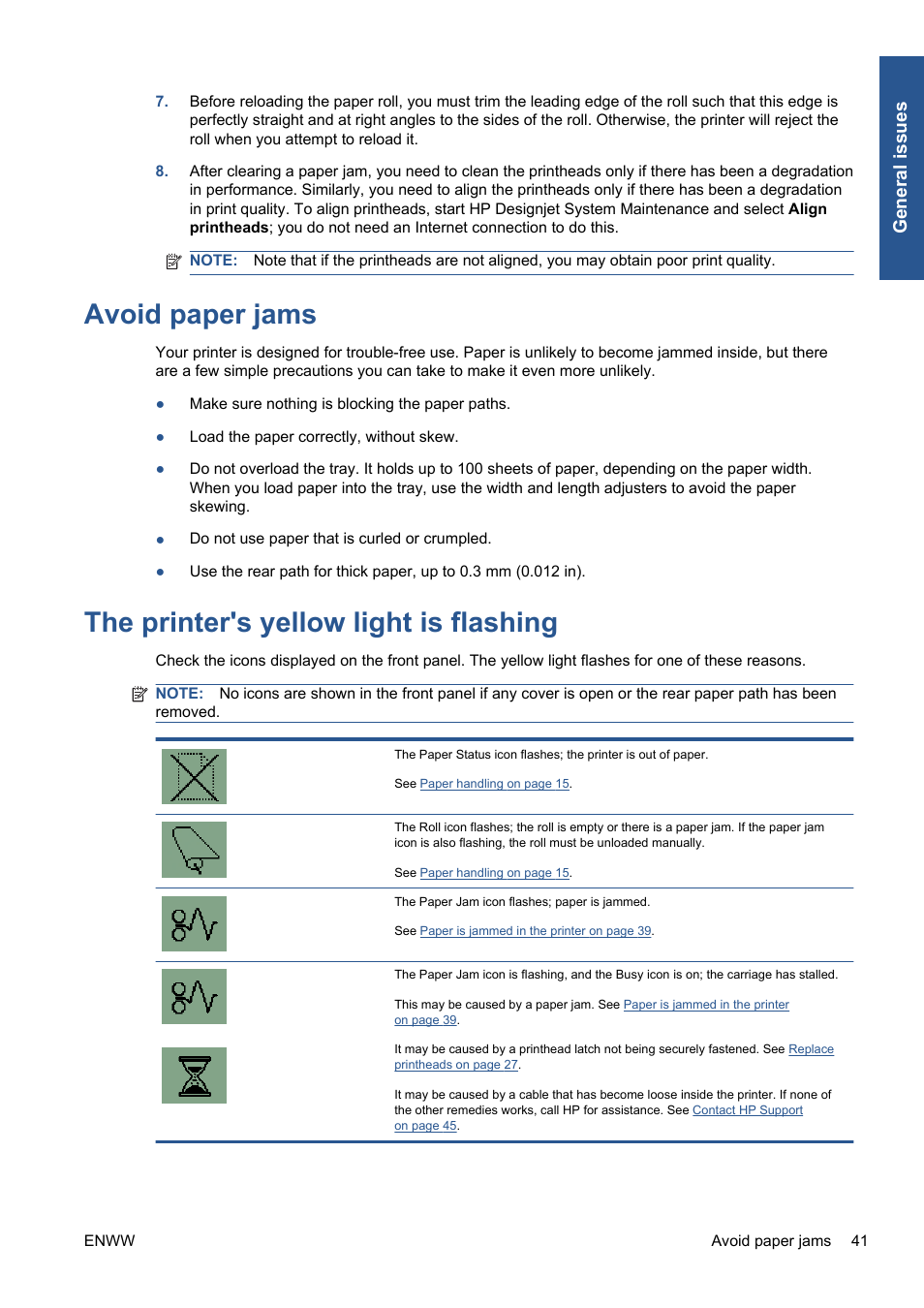 Avoid paper jams, The printer's yellow light is flashing, Gen eral issues | HP Designjet 111 Printer series User Manual | Page 47 / 53