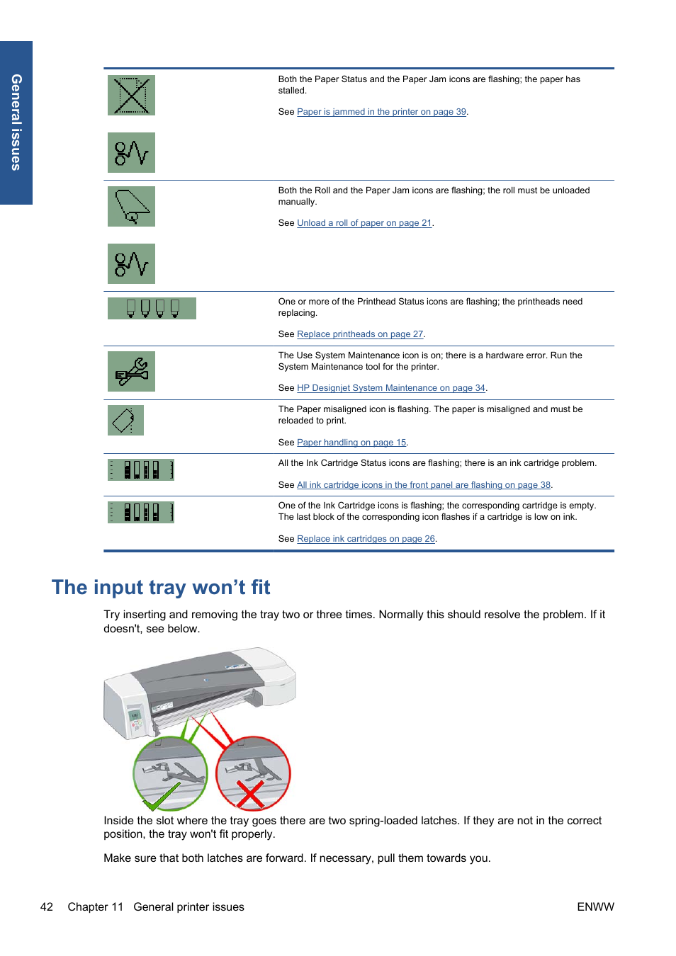 The input tray won’t fit, Gen eral issues | HP Designjet 111 Printer series User Manual | Page 48 / 53
