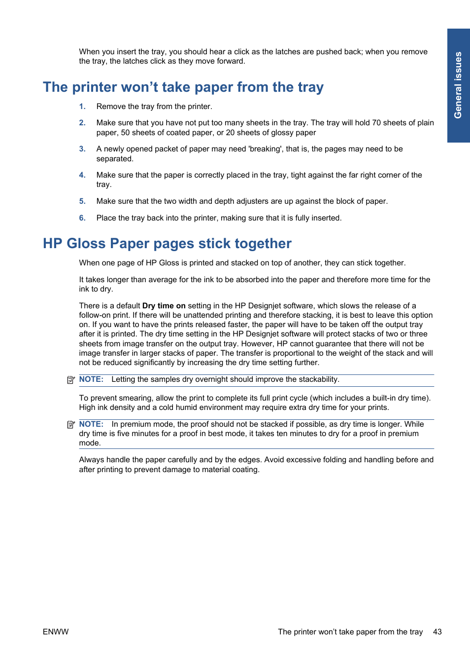 The printer won’t take paper from the tray, Hp gloss paper pages stick together | HP Designjet 111 Printer series User Manual | Page 49 / 53