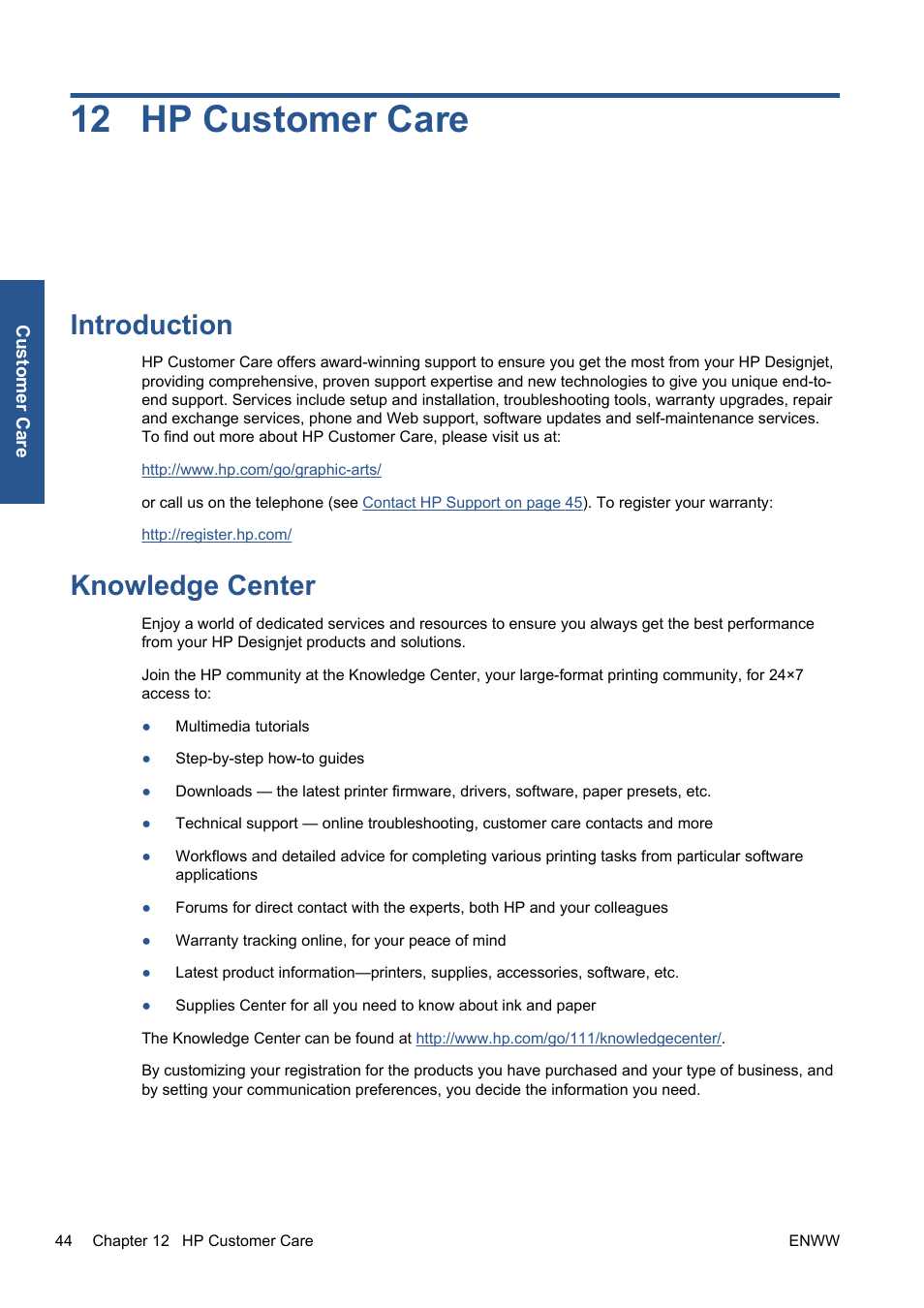 Hp customer care, Introduction, Knowledge center | 12 hp customer care, Introduction knowledge center | HP Designjet 111 Printer series User Manual | Page 50 / 53
