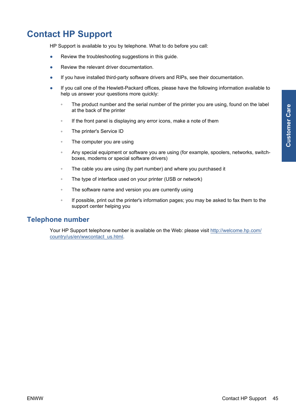 Contact hp support, Telephone number | HP Designjet 111 Printer series User Manual | Page 51 / 53