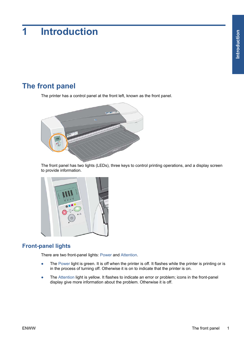 Introduction, The front panel, Front-panel lights | 1 introduction, 1introduction | HP Designjet 111 Printer series User Manual | Page 7 / 53