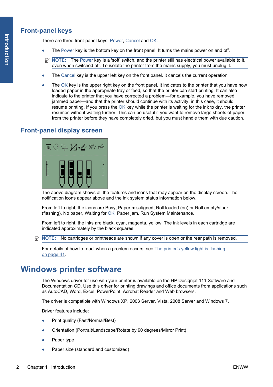 Front-panel keys, Front-panel display screen, Windows printer software | HP Designjet 111 Printer series User Manual | Page 8 / 53