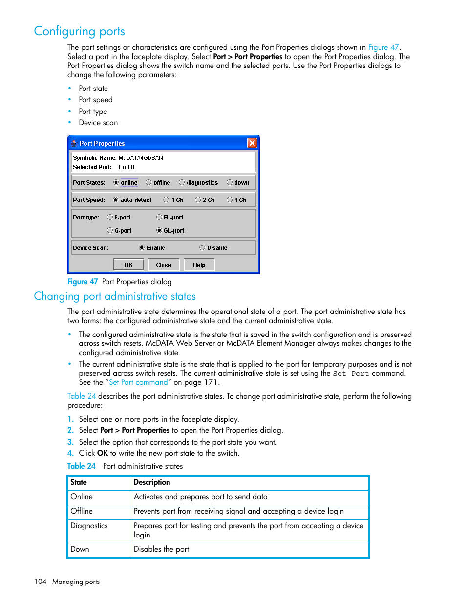 Configuring ports, Figure 47 port properties dialog, Changing port administrative states | Table 24 port administrative states, 47 port properties dialog, 24 port administrative states, Configuring, Ports | HP M-series HA-Fabric Manager Software User Manual | Page 104 / 226