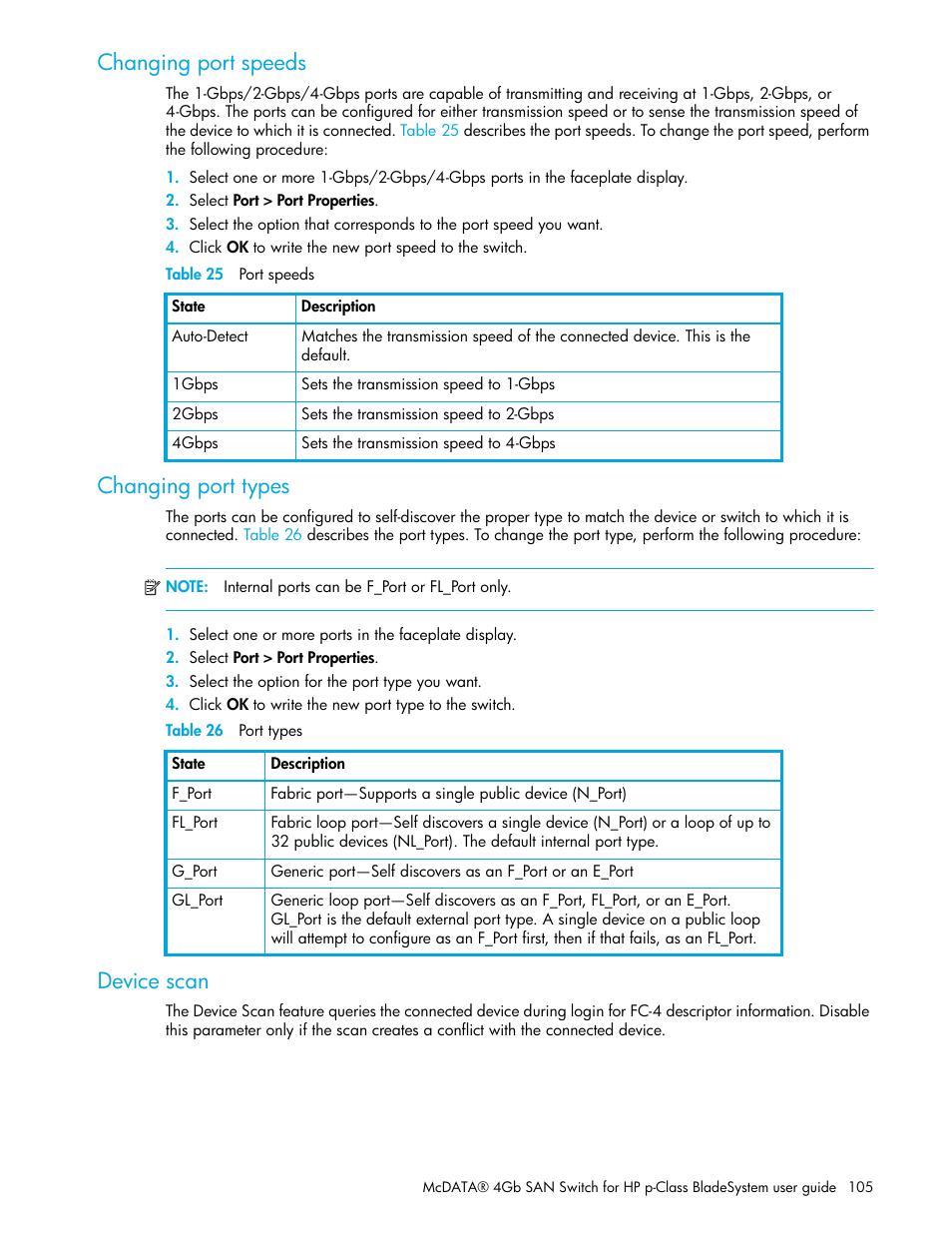 Changing port speeds, Table 25 port speeds, Changing port types | Table 26 port types, Device scan, 25 port speeds 26 port types | HP M-series HA-Fabric Manager Software User Manual | Page 105 / 226