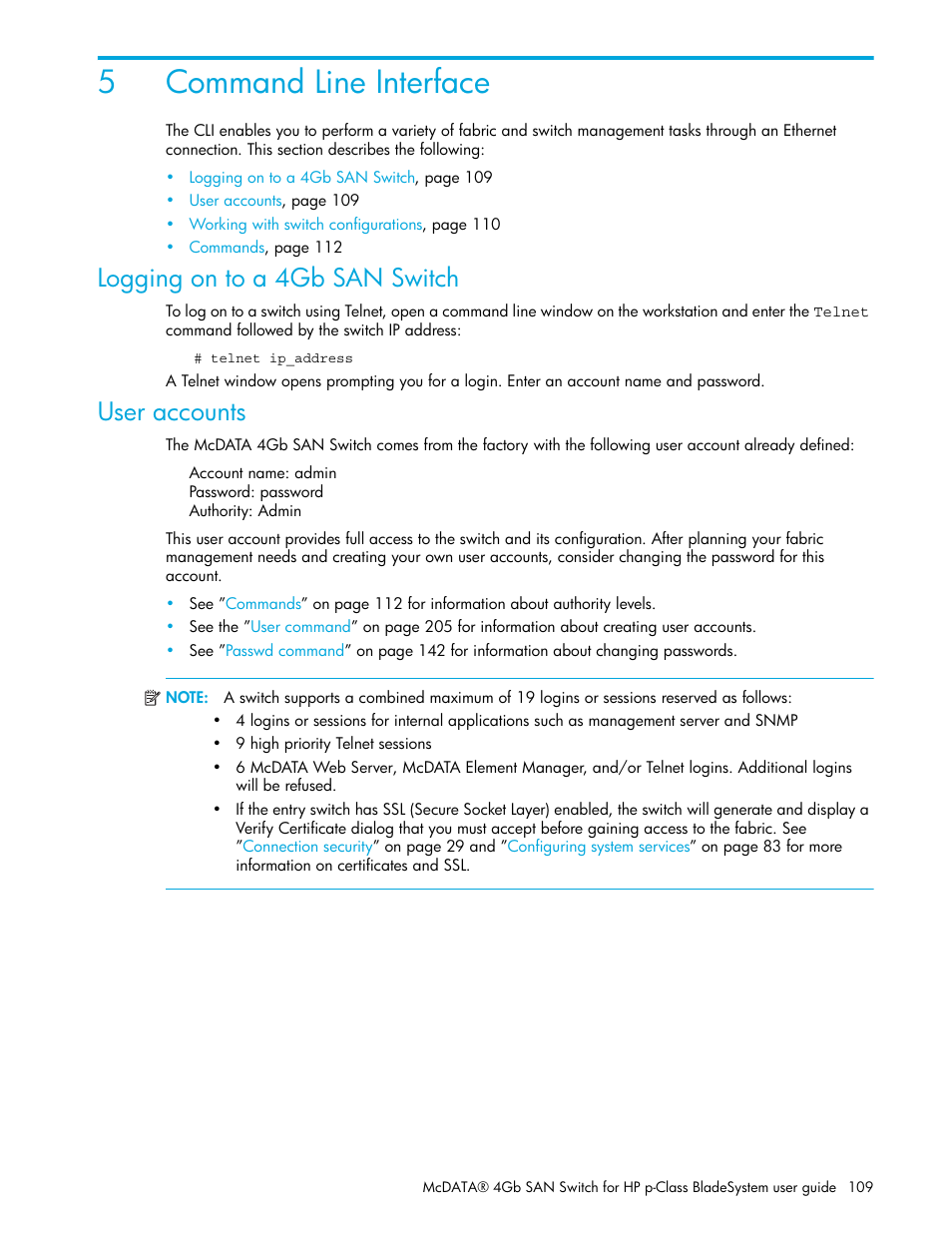 Command line interface, Logging on to a 4gb san switch, User accounts | 5 command line interface, Logging on to a 4gb san switch user accounts, 5command line interface | HP M-series HA-Fabric Manager Software User Manual | Page 109 / 226