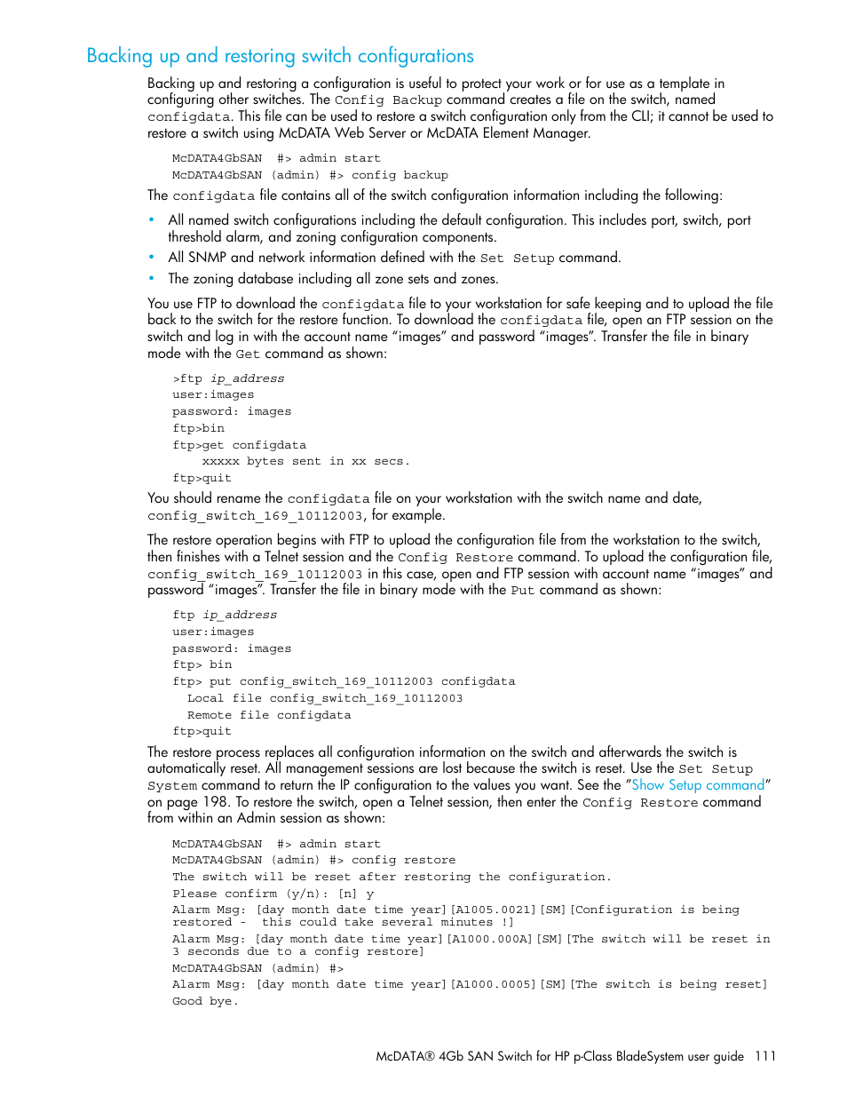 Backing up and restoring switch configurations | HP M-series HA-Fabric Manager Software User Manual | Page 111 / 226