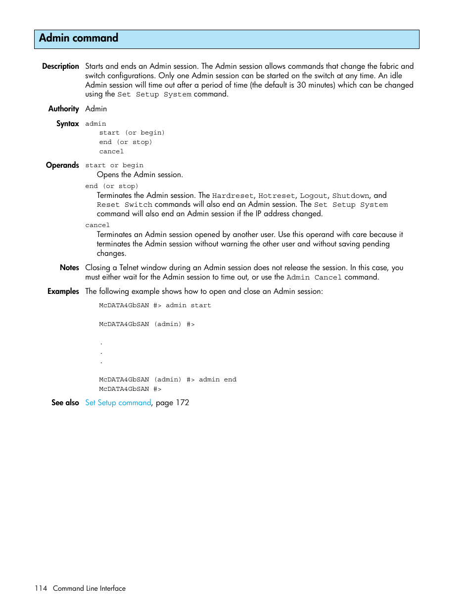 Admin command | HP M-series HA-Fabric Manager Software User Manual | Page 114 / 226