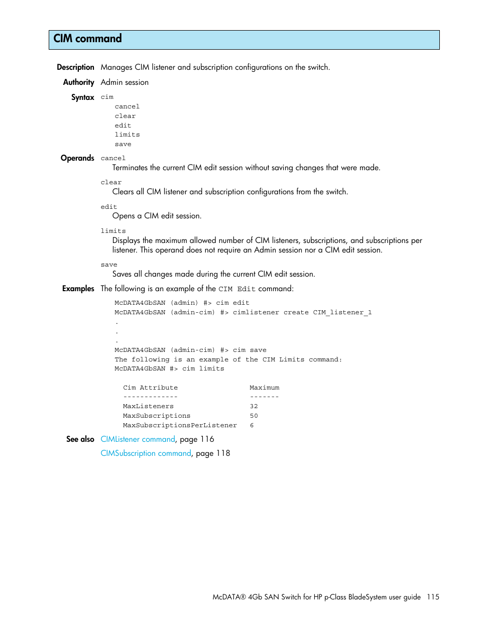 Cim command | HP M-series HA-Fabric Manager Software User Manual | Page 115 / 226