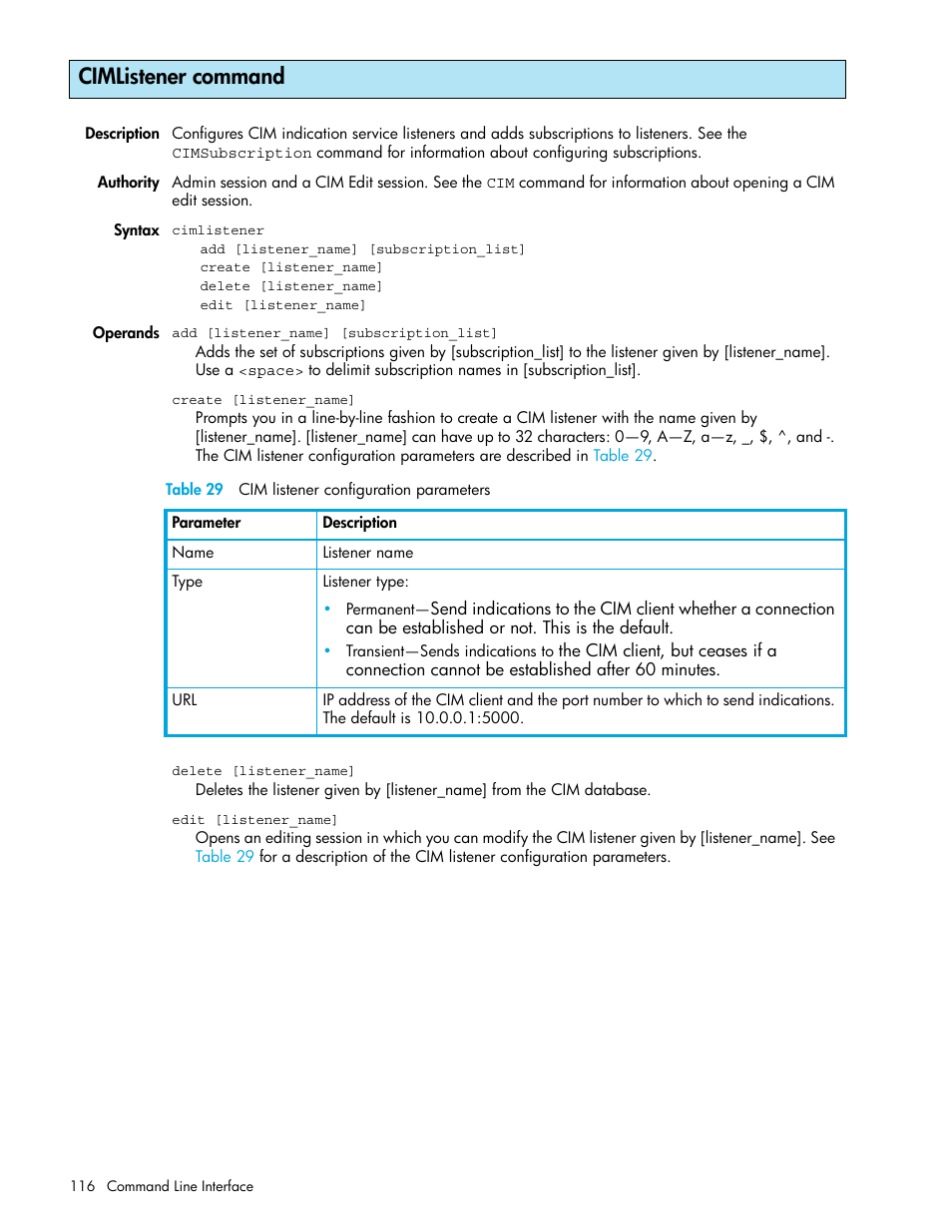 Cimlistener command | HP M-series HA-Fabric Manager Software User Manual | Page 116 / 226