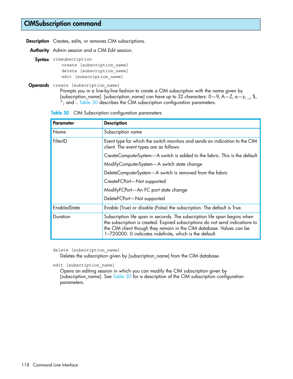 Cimsubscription command | HP M-series HA-Fabric Manager Software User Manual | Page 118 / 226