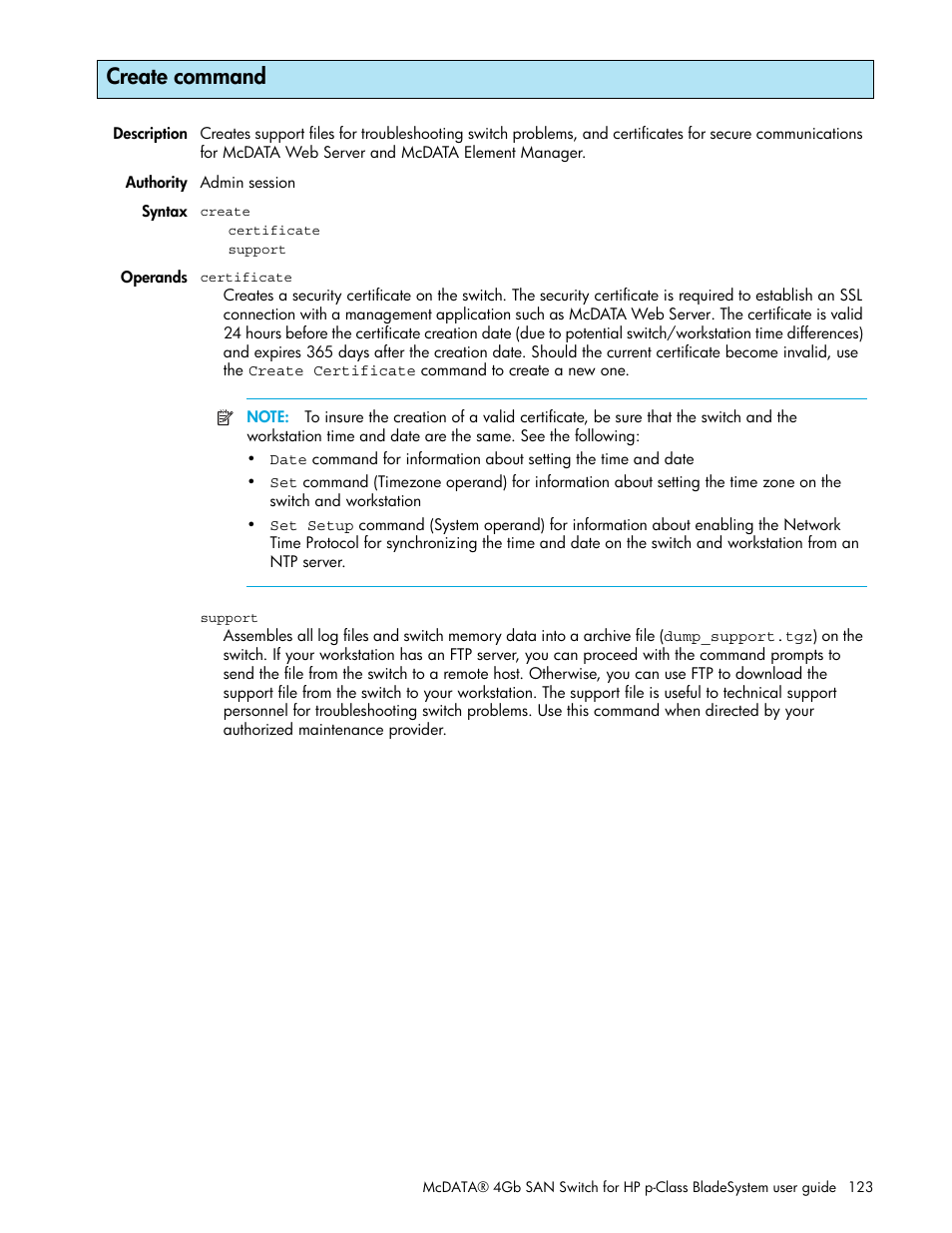 Create command | HP M-series HA-Fabric Manager Software User Manual | Page 123 / 226