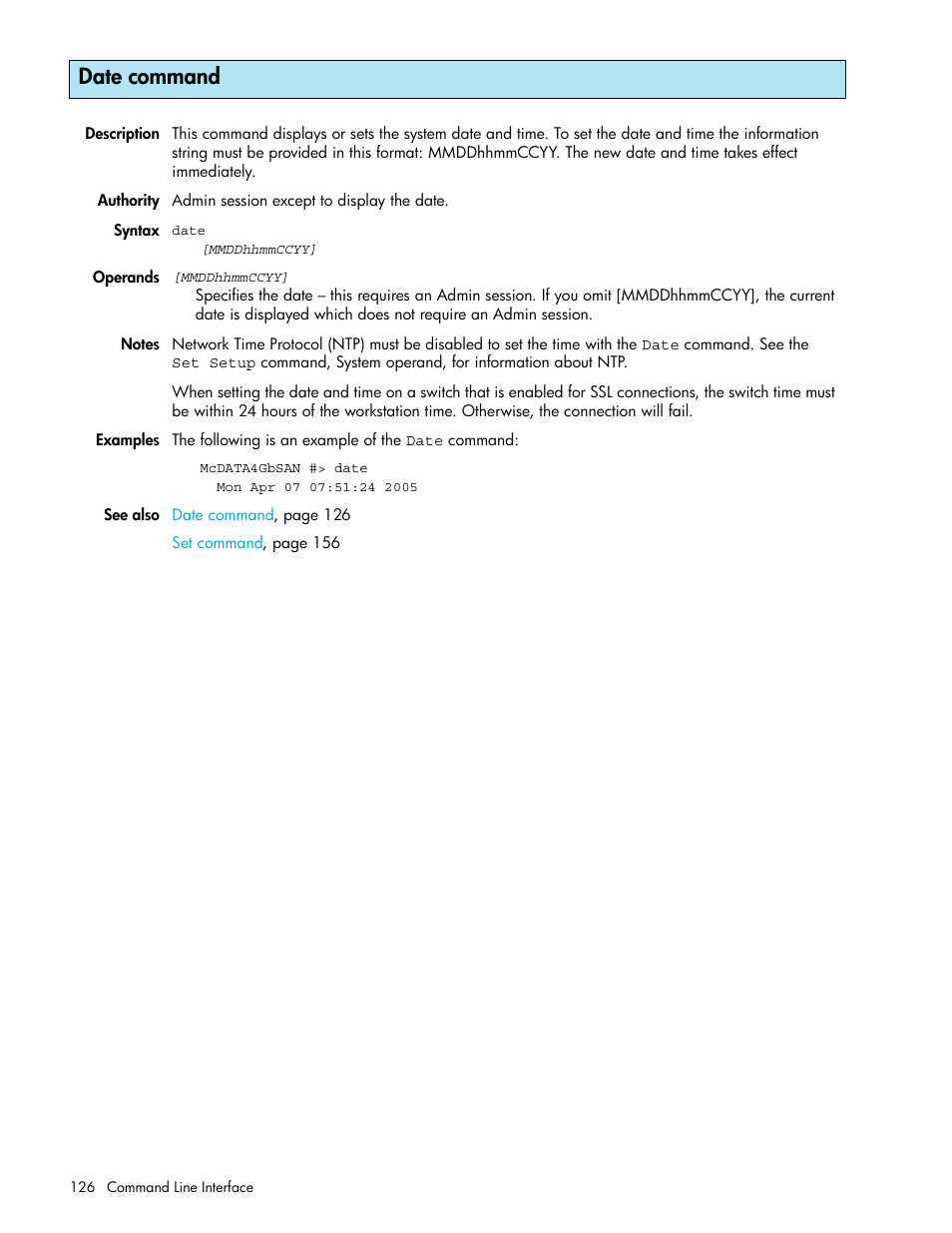 Date command | HP M-series HA-Fabric Manager Software User Manual | Page 126 / 226